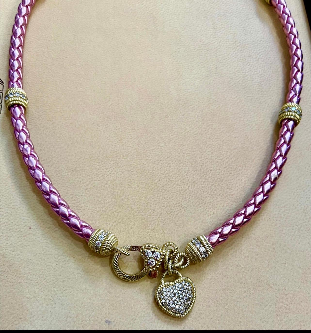 Judith Ripca Gold Tone Sterling Silver and CZ Pink Rope Heart Necklace In Excellent Condition For Sale In New York, NY