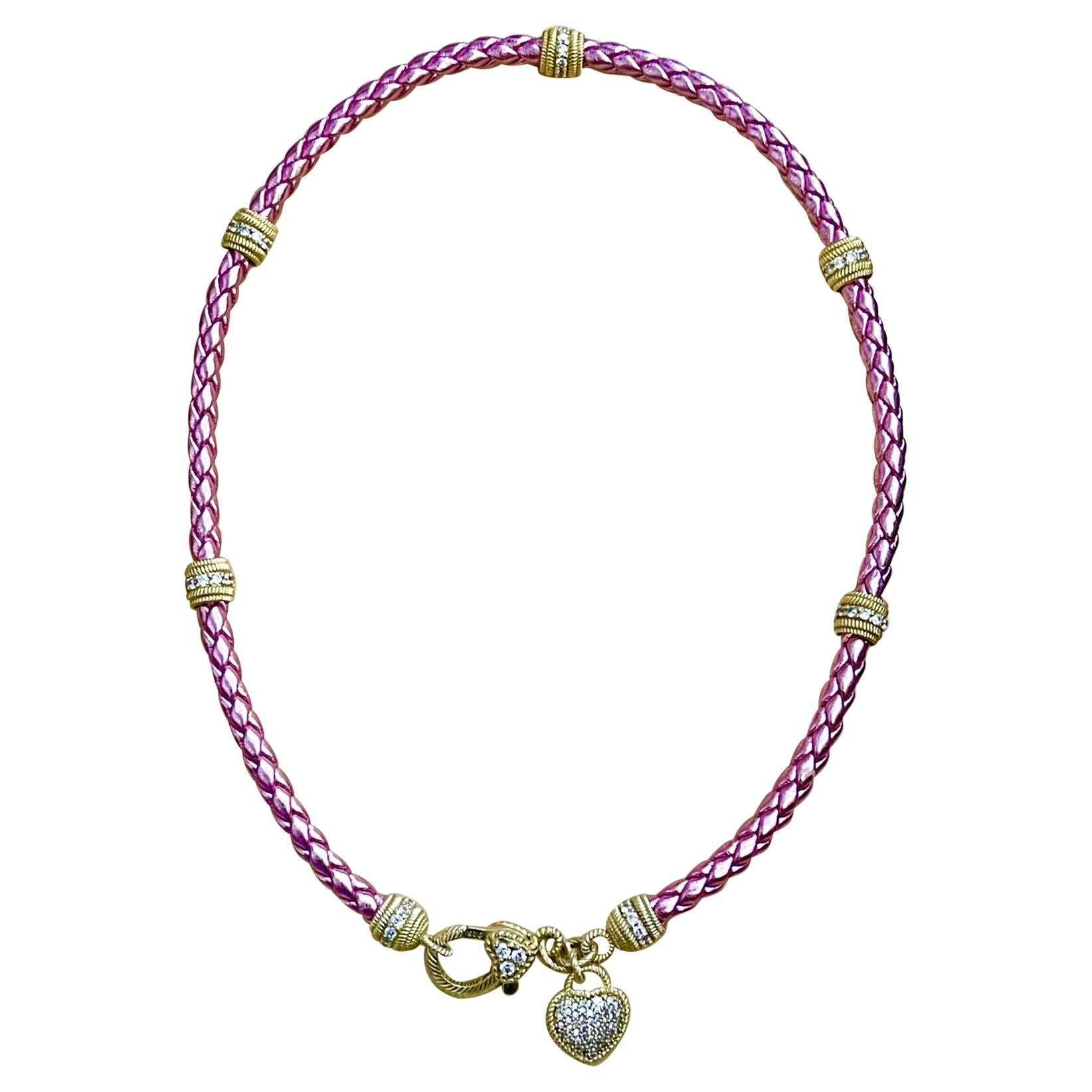 Judith Ripca Herz-Halskette aus goldfarbenem Sterlingsilber und rosa CZ-Seil