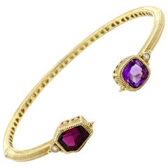 Judith Ripka 14 Karat Yellow Gold Diamond and Gemstone Hinged Bangle Bracelet