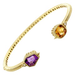 Judith Ripka 14 Karat Yellow Gold Diamond and Gemstone Hinged Bangle Bracelet