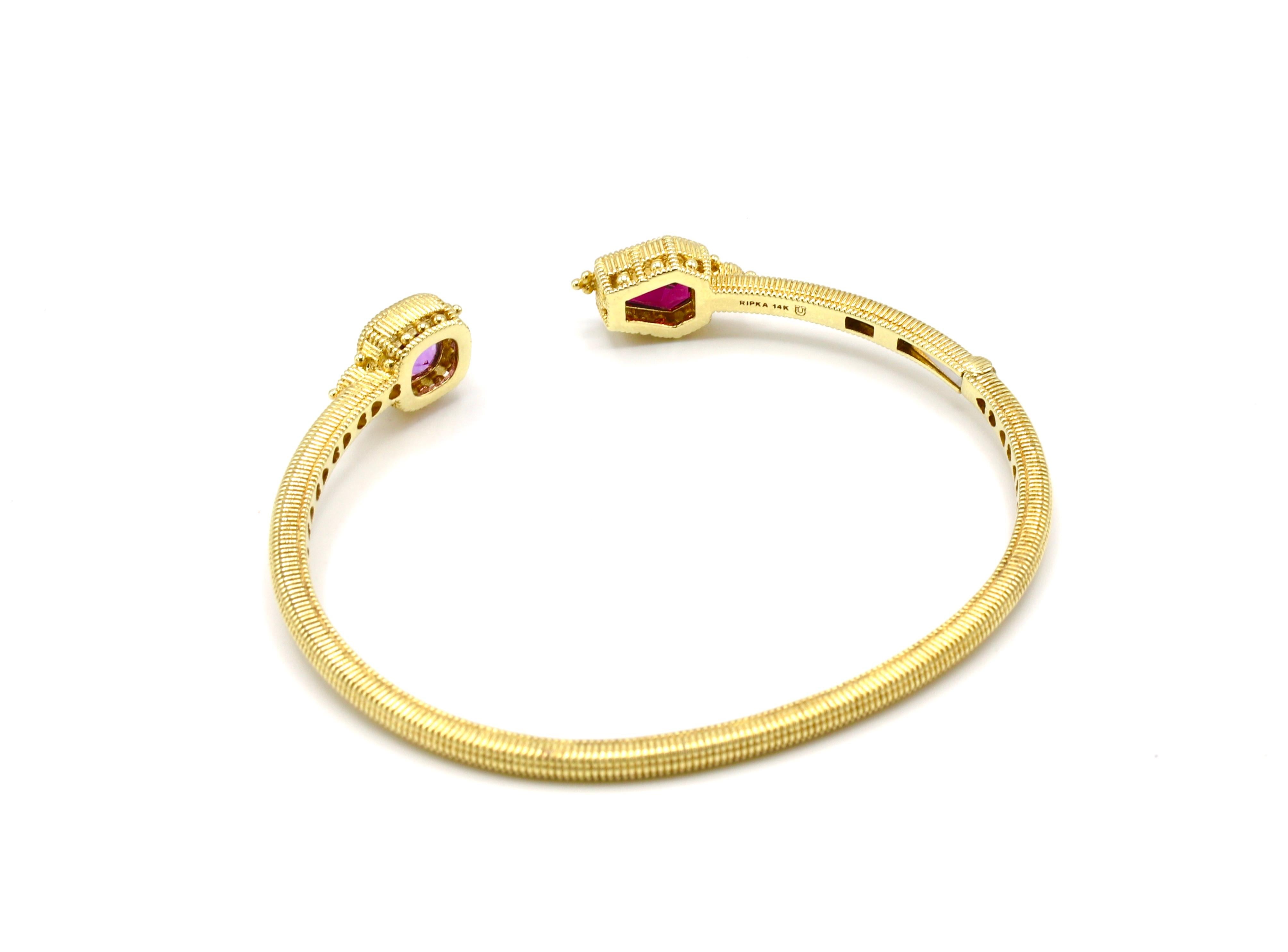 Modern Judith Ripka 14 Karat Yellow Gold Diamond and Gemstone Hinged Bangle Bracelet