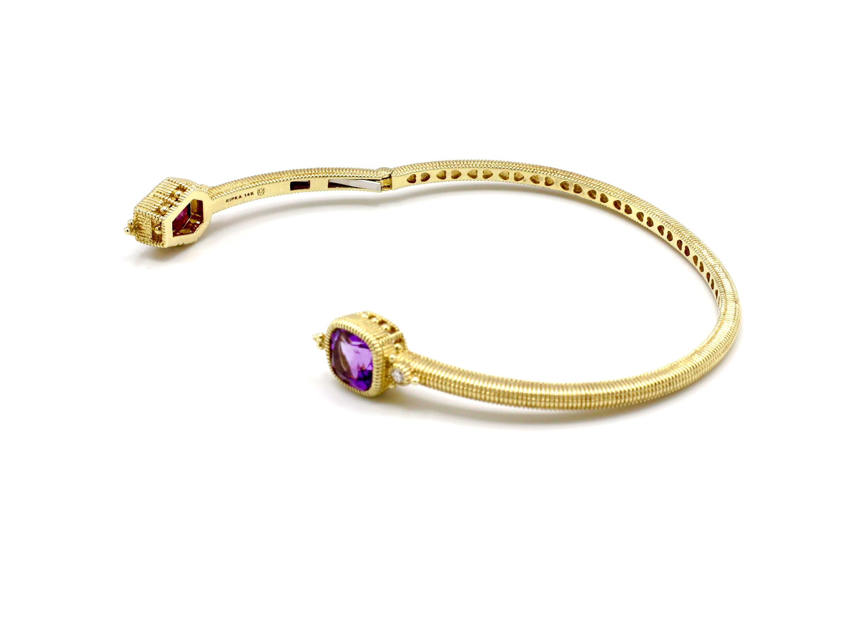 Women's or Men's Judith Ripka 14 Karat Yellow Gold Diamond and Gemstone Hinged Bangle Bracelet