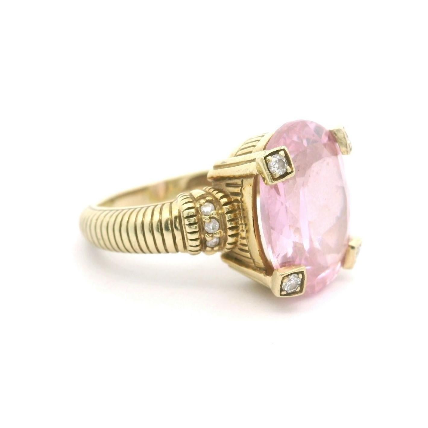 Condition:  Excellent Condition, Professionally Cleaned and Polished
Metal:  14k Gold (Marked, and Professionally Tested)
Weight:  12.1g
Gemstone:  Oval Cut Pink Quartz 16mm by 13mm
Diamonds:  Round Cut Natural Diamonds 0.10cttw  
Band