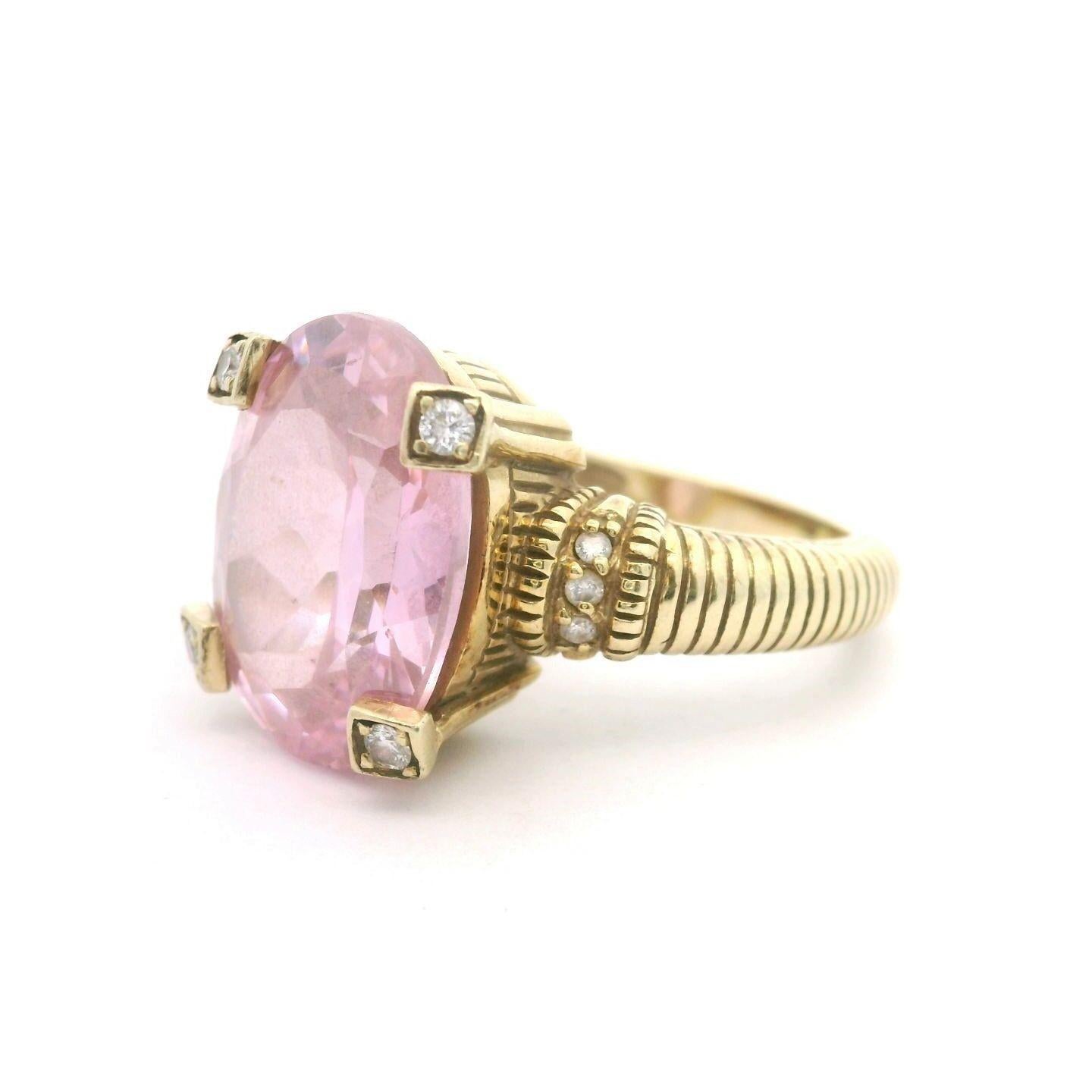 Oval Cut Judith Ripka 14k Yellow Gold Pink Quartz and Diamond Ring Size 8.5