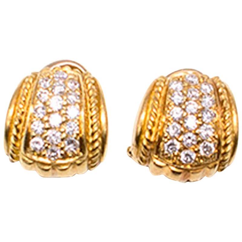 Judith Ripka 18 Carat Yellow Gold Pave Diamond Earrings For Sale