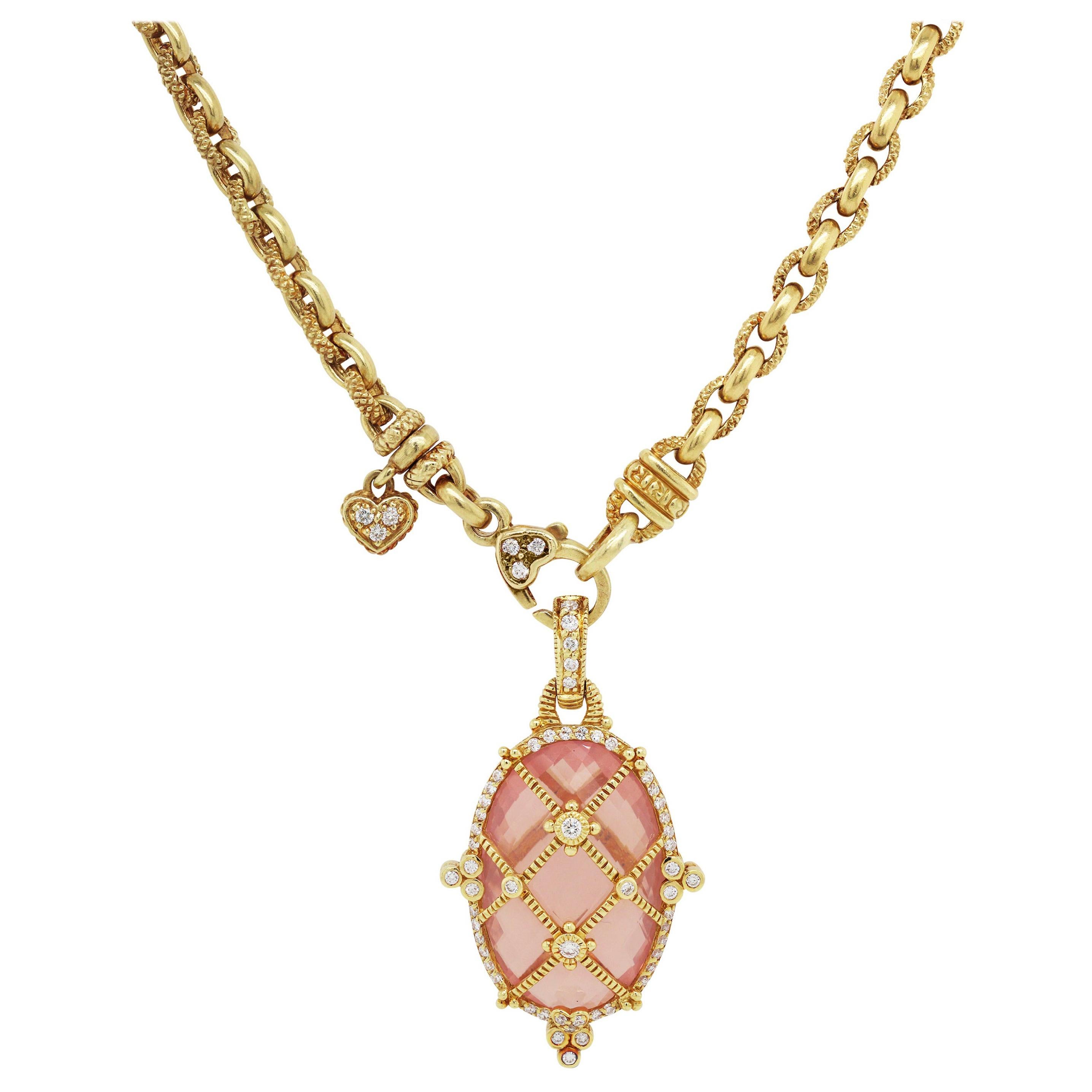 Judith Ripka 18 Karat Gold Diamond Chain Necklace with Pink Crystal Pendant
