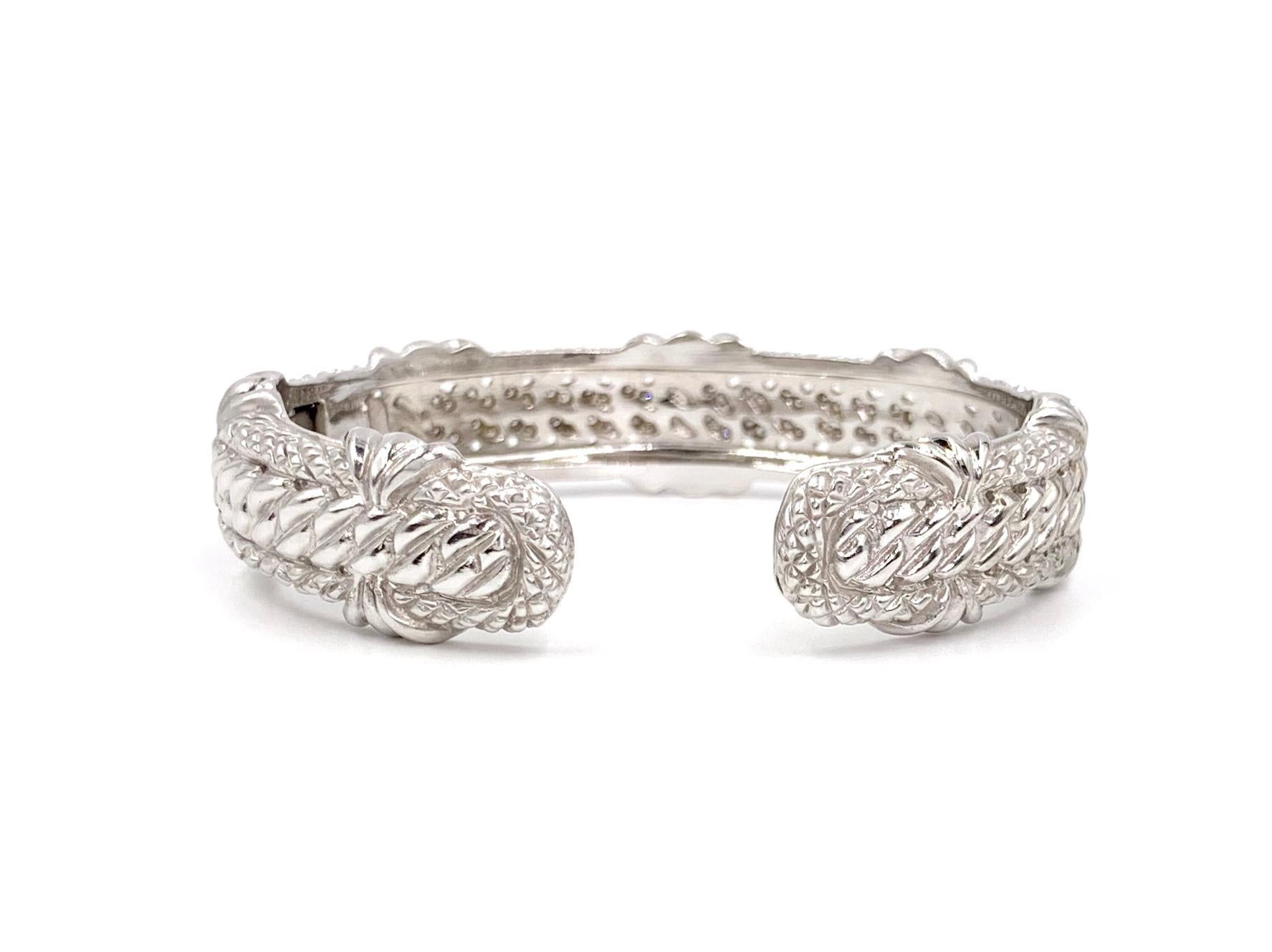 Round Cut Judith Ripka 18 Karat White Gold and Diamond Carved Cuff Bracelet For Sale