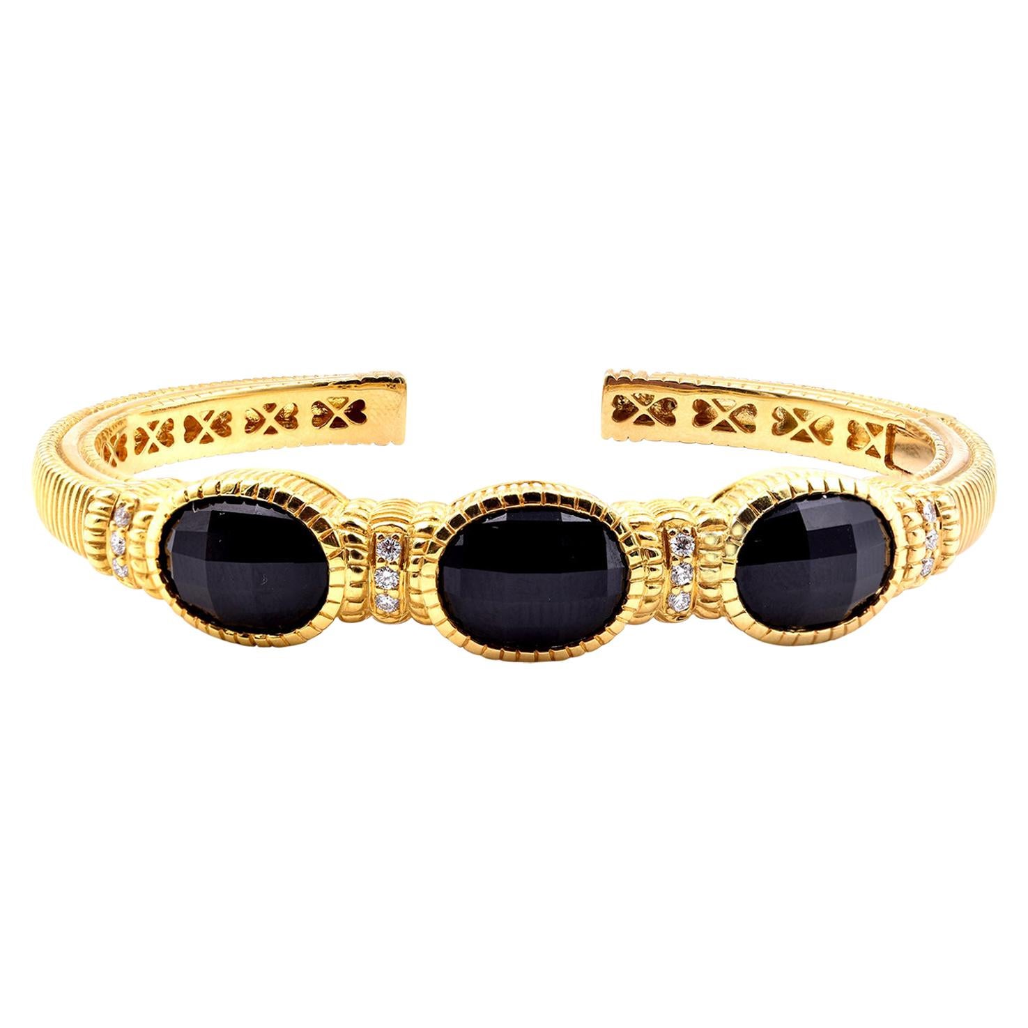 Judith Ripka 18 Karat Yellow Gold Black Onyx and Diamond Cuff Bracelet