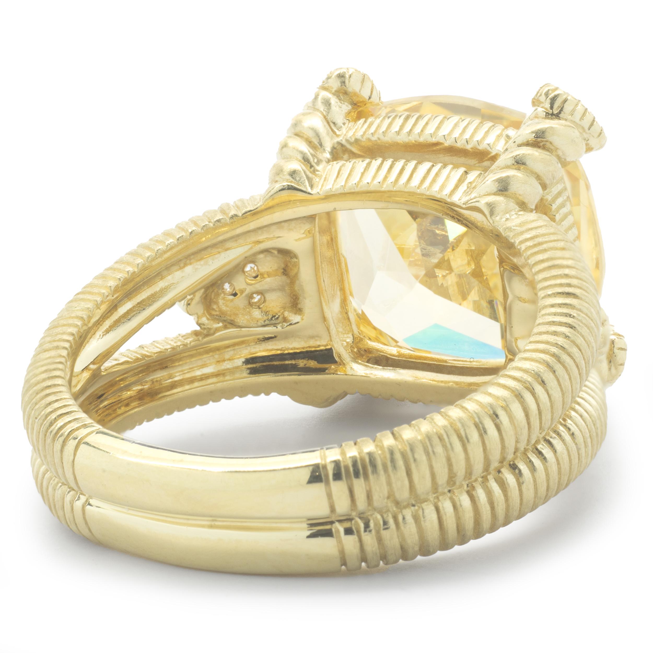 Designer: Judith Ripka
Material: 18K yellow gold
Diamond: 6 round brilliant cut = .06cttw
Color: G
Clarity: VS1
Dimensions: ring top measures 13.8mm wide
Weight: 12.20 grams
