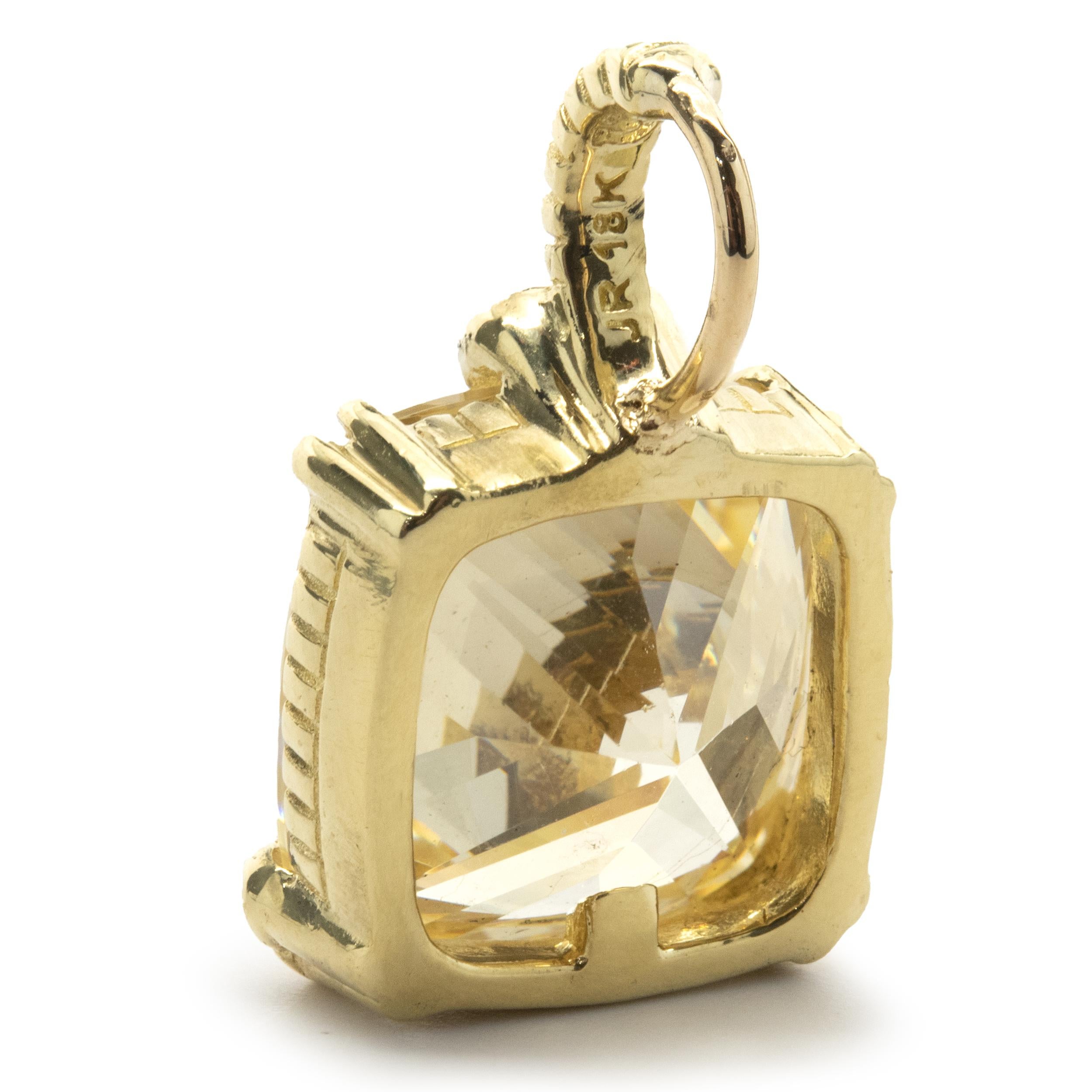 Designer: Judith Ripka
Material: 18K yellow gold
Diamond: 5 round cut = .05cttw
Color: G
Clarity: VS2
Dimensions: pendant measures 20.4 X 12.75mm
Weight: 6.15 grams
