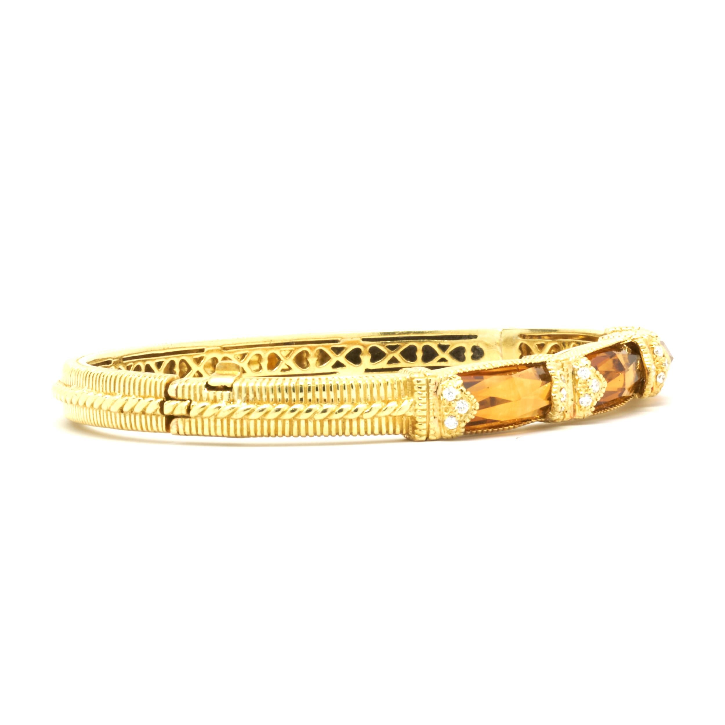 Designer: Judith Ripka
Material: 18K yellow gold
Diamond: 18 round brilliant cut = .18cttw
Color: G
Clarity: VS1
Weight: 31.97 grams
Dimensions: bracelet will fit up to a 7-inch bracelet