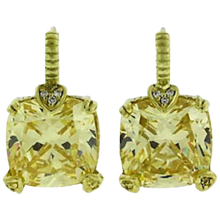 Judith Ripka 18 Karat Yellow Gold Diamond Faceted Canary Crystal Drop Earrings For Sale