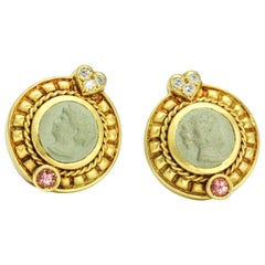 Judith Ripka 18 Karat Yellow Gold Diamond Pink Tourmaline Cameo Stud Earrings