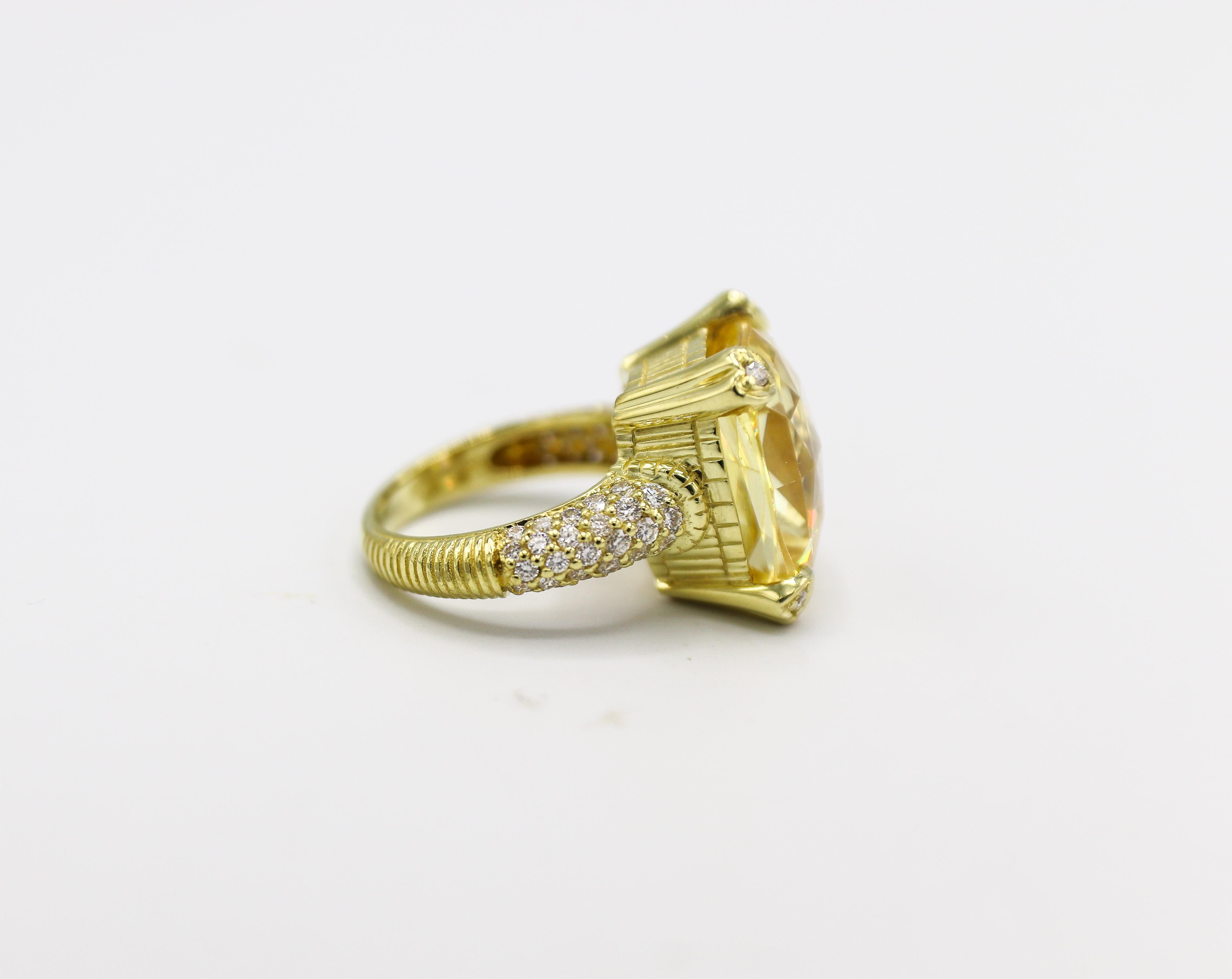 Judith Ripka 18 Karat Yellow Gold Diamond & Yellow Crystal Cocktail Ring 
Metal: 18k yellow gold
Weight: 15.96 grams
Diamonds: Approx. .75 CTW G VS round diamonds
Crystal: 16 x 13.5mm 
Size: 6.5 (US)
