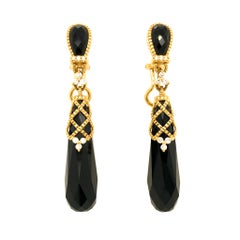 Judith Ripka 18 Karat Yellow Gold Onyx and Diamond Dangle Earrings
