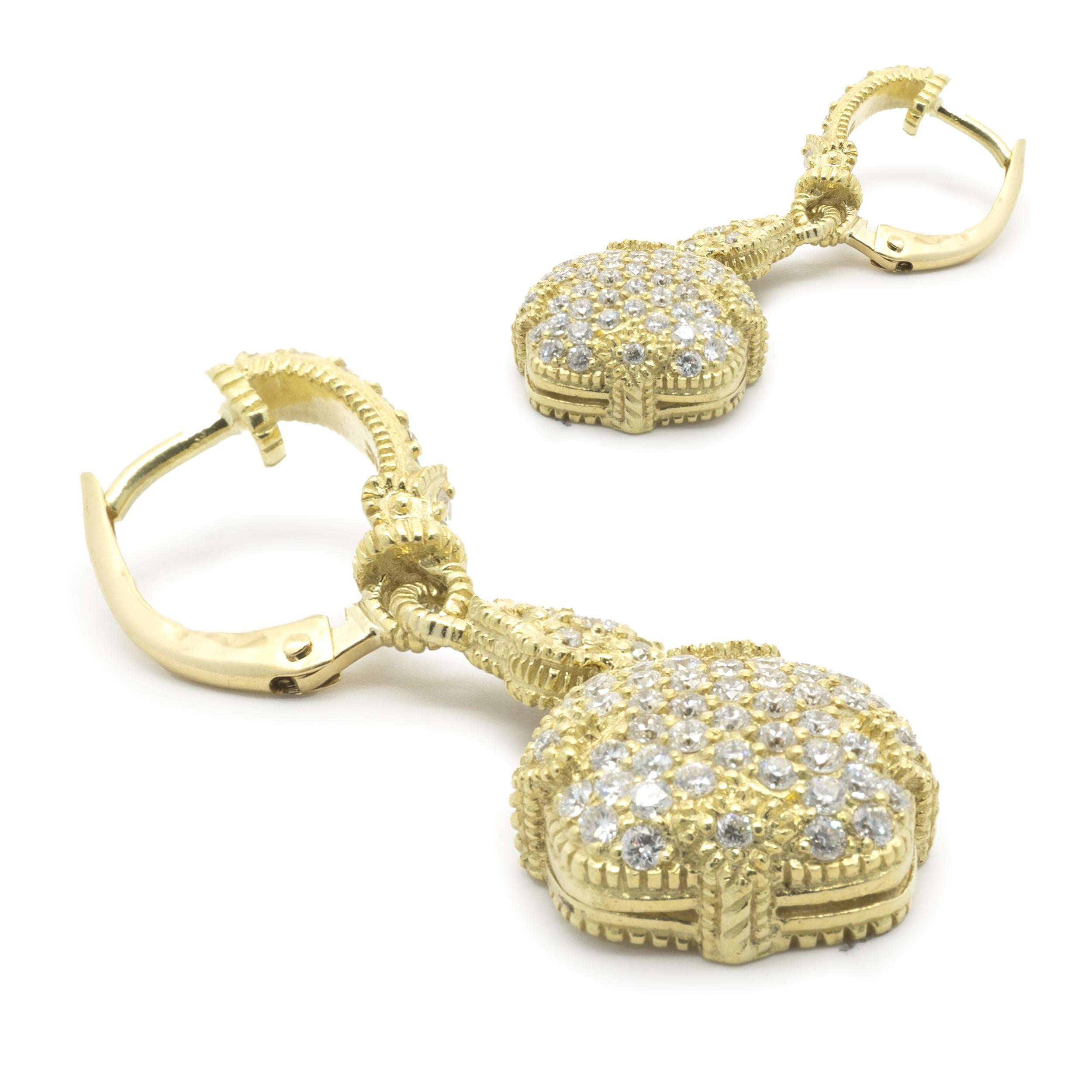 Round Cut Judith Ripka 18 Karat Yellow Gold Pave Diamond Drop Earrings