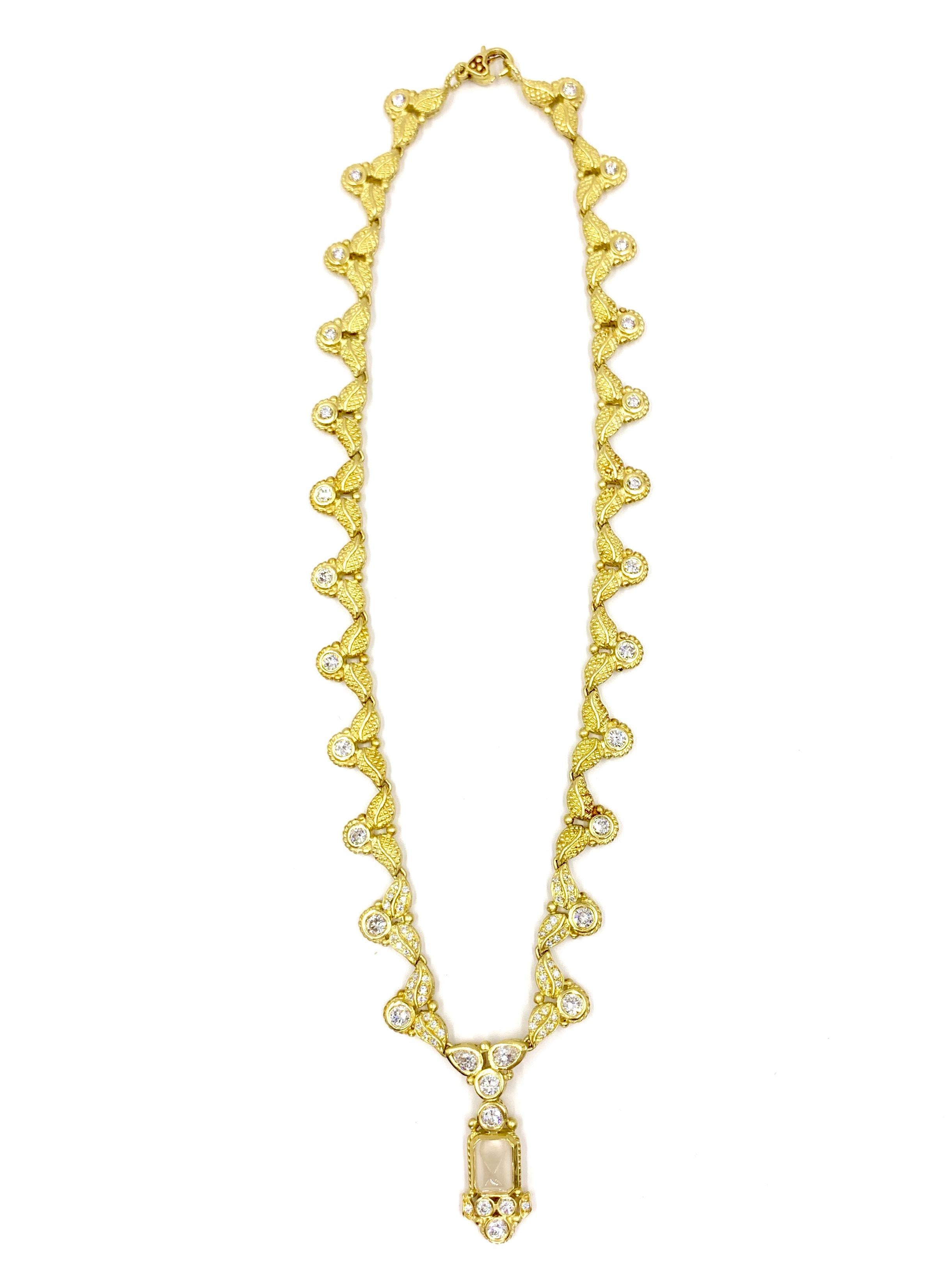 Eye catching Victorian inspired 18 karat yellow gold necklace by Judith Ripka. Necklace is versatile as center pendant is detachable. 3.53 carats of pear and round brilliant diamonds with high quality of approximately F color, VS clarity.