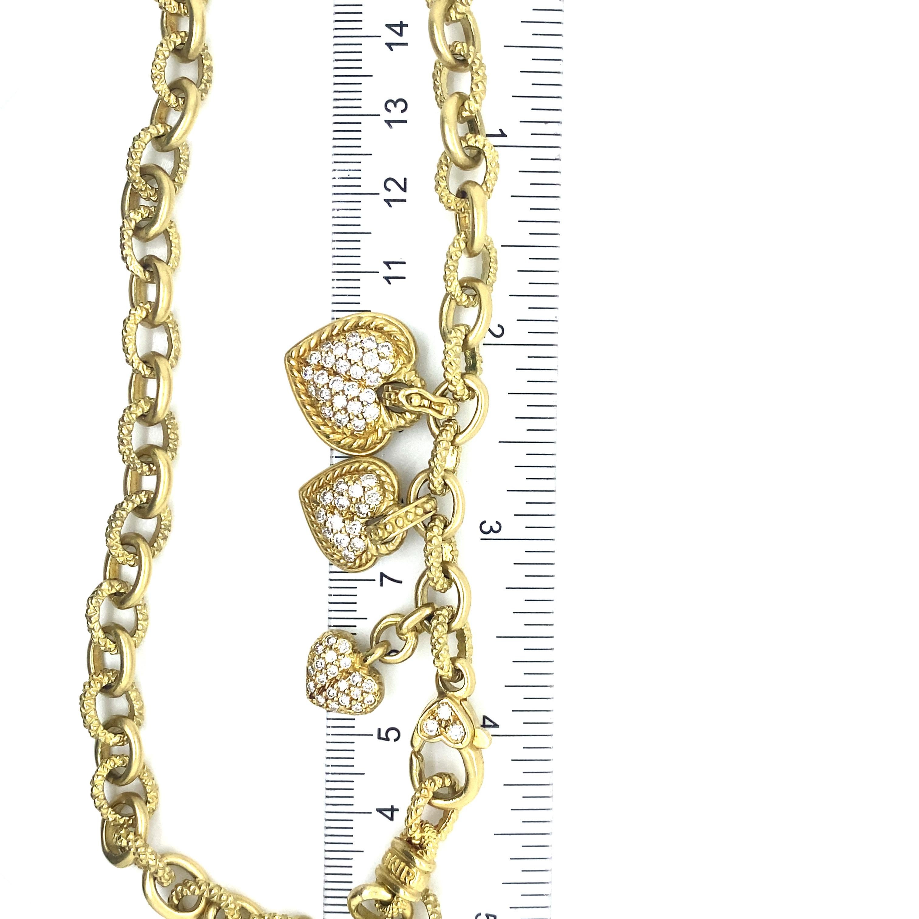 Judith Ripka 18k Chain Necklace Diamond Heart Enhancer Charms Yellow Gold In Good Condition For Sale In Boca Raton, FL