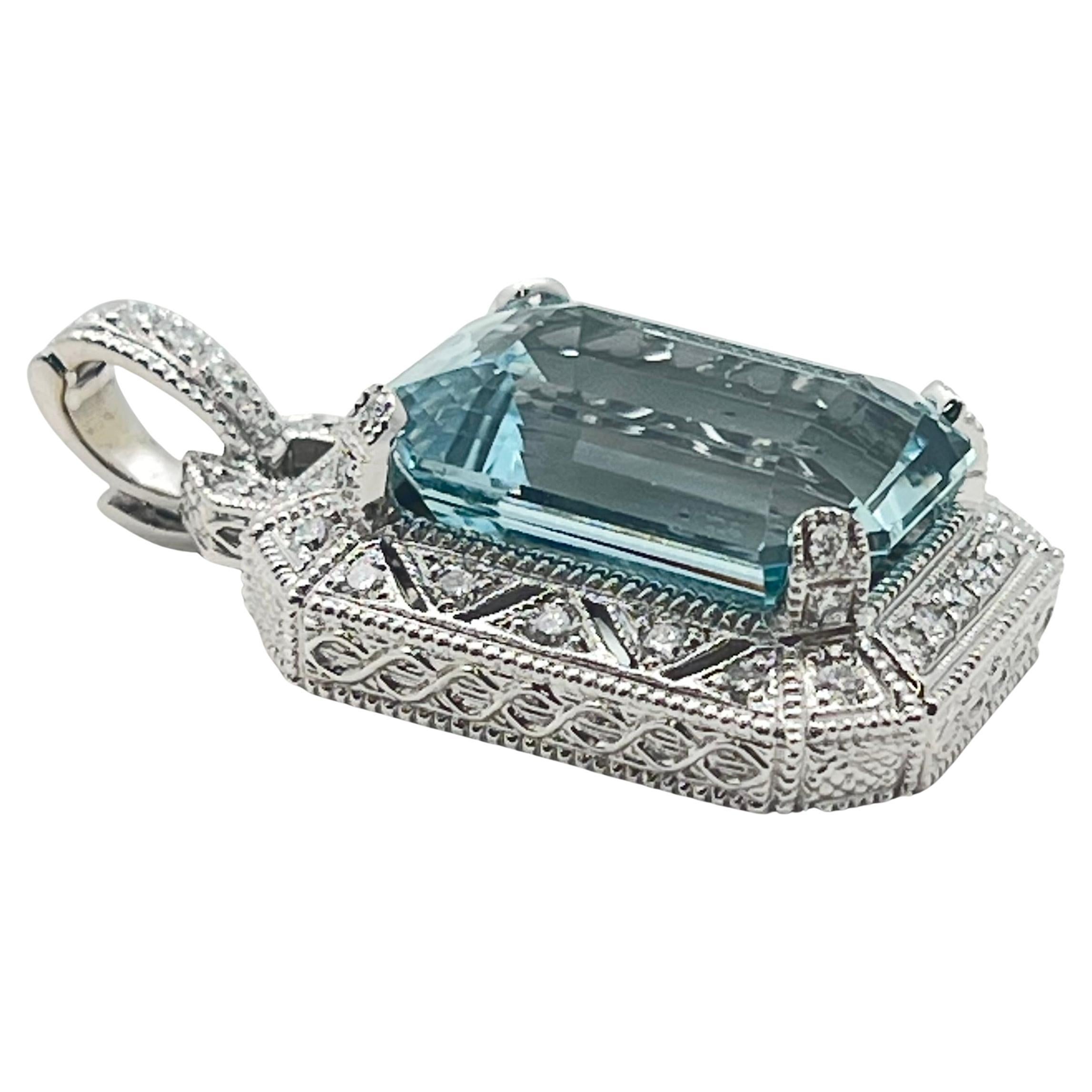 Emerald Cut Judith Ripka 18k Aquamarine Diamond Pendant Necklace For Sale