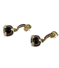 Orecchini pendenti Judith Ripka in oro 18 carati con pietre nere e rosse e diamanti #25487