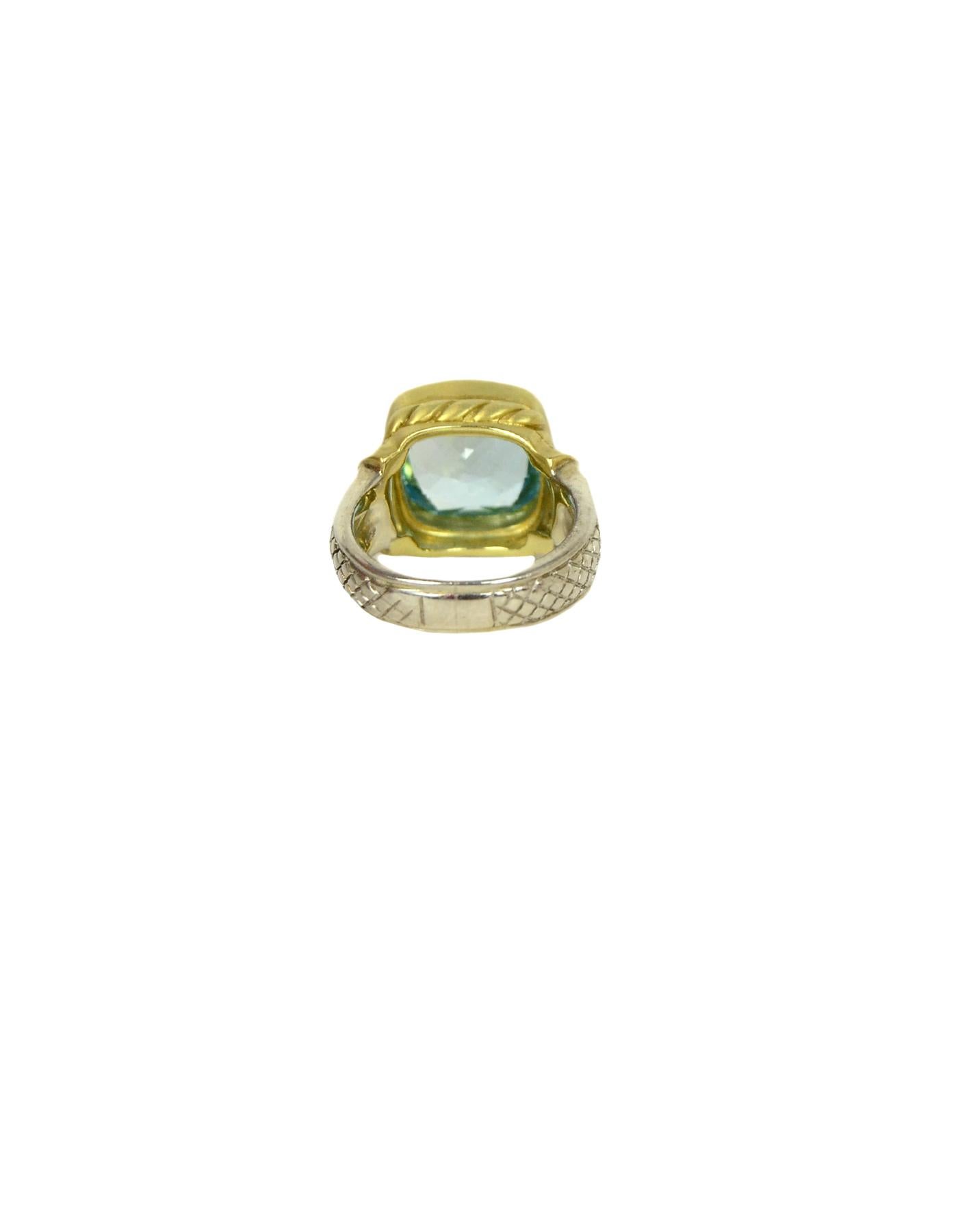 Judith Ripka 18k Gold Blue Topaz and Diamond Ring sz 6.5  In Excellent Condition In New York, NY