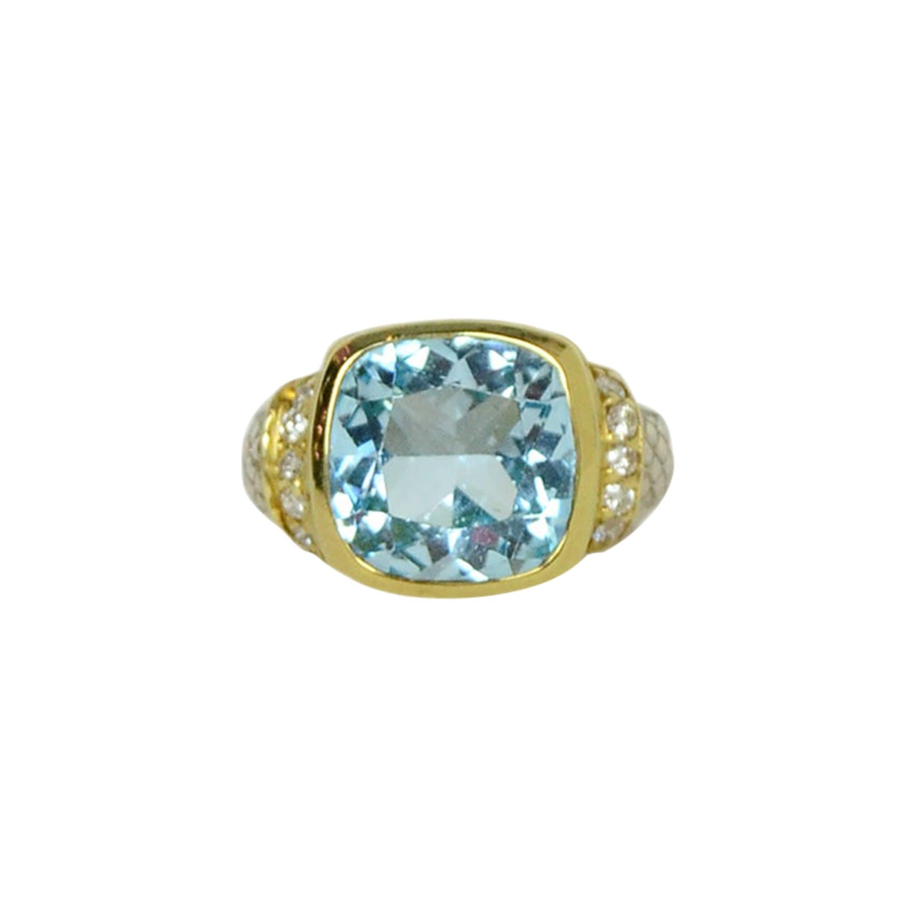 Judith Ripka 18k Gold Blue Topaz and Diamond Ring sz 6.5 