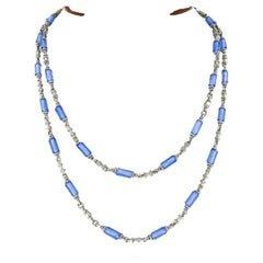 Retro Judith Ripka 18K Gold Blue Topaz Faceted Tube w/ Diamond 36" Long Chain Necklace