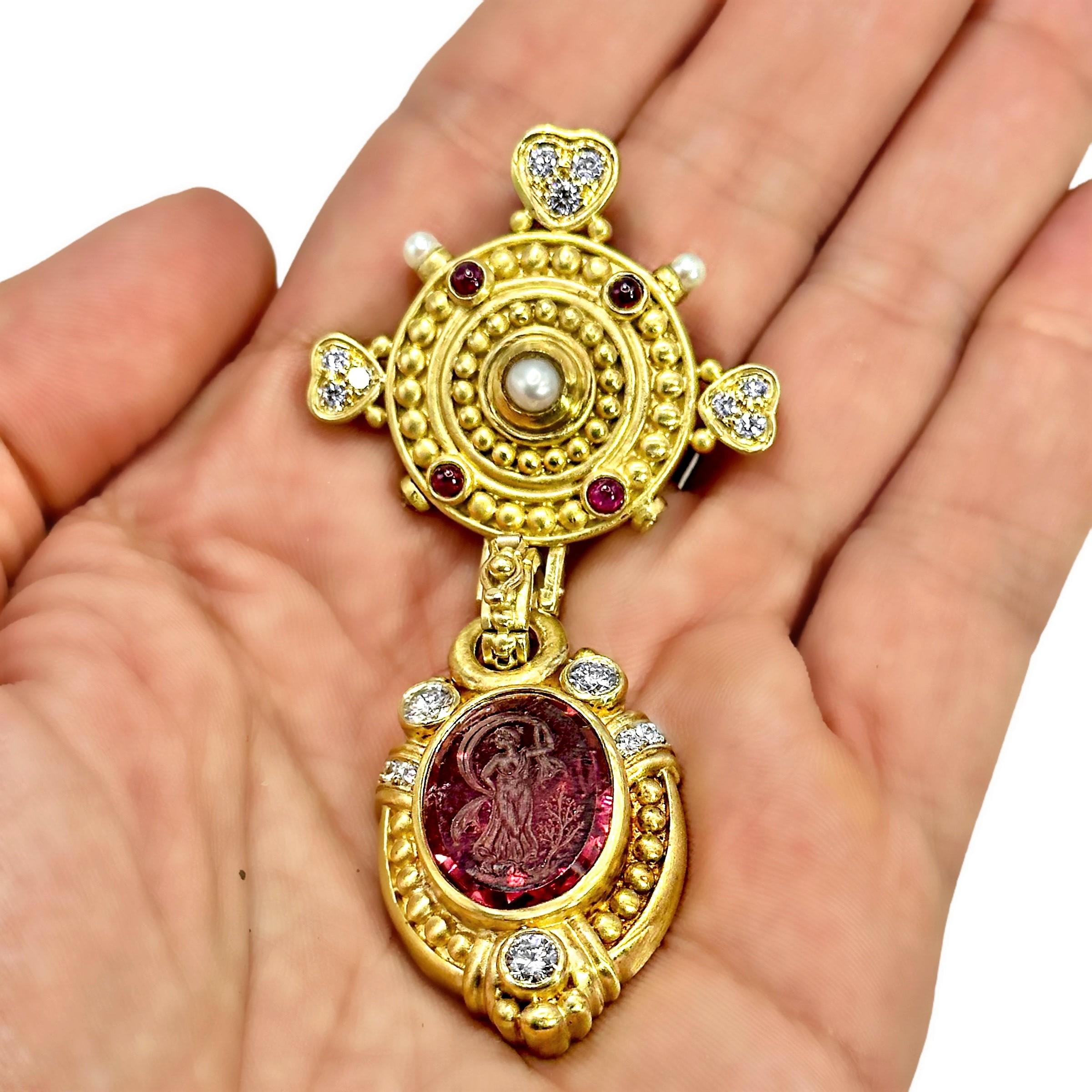 Judith Ripka 18k Gold Brooch/Pendant with Rubelite & Diamonds For Sale 3