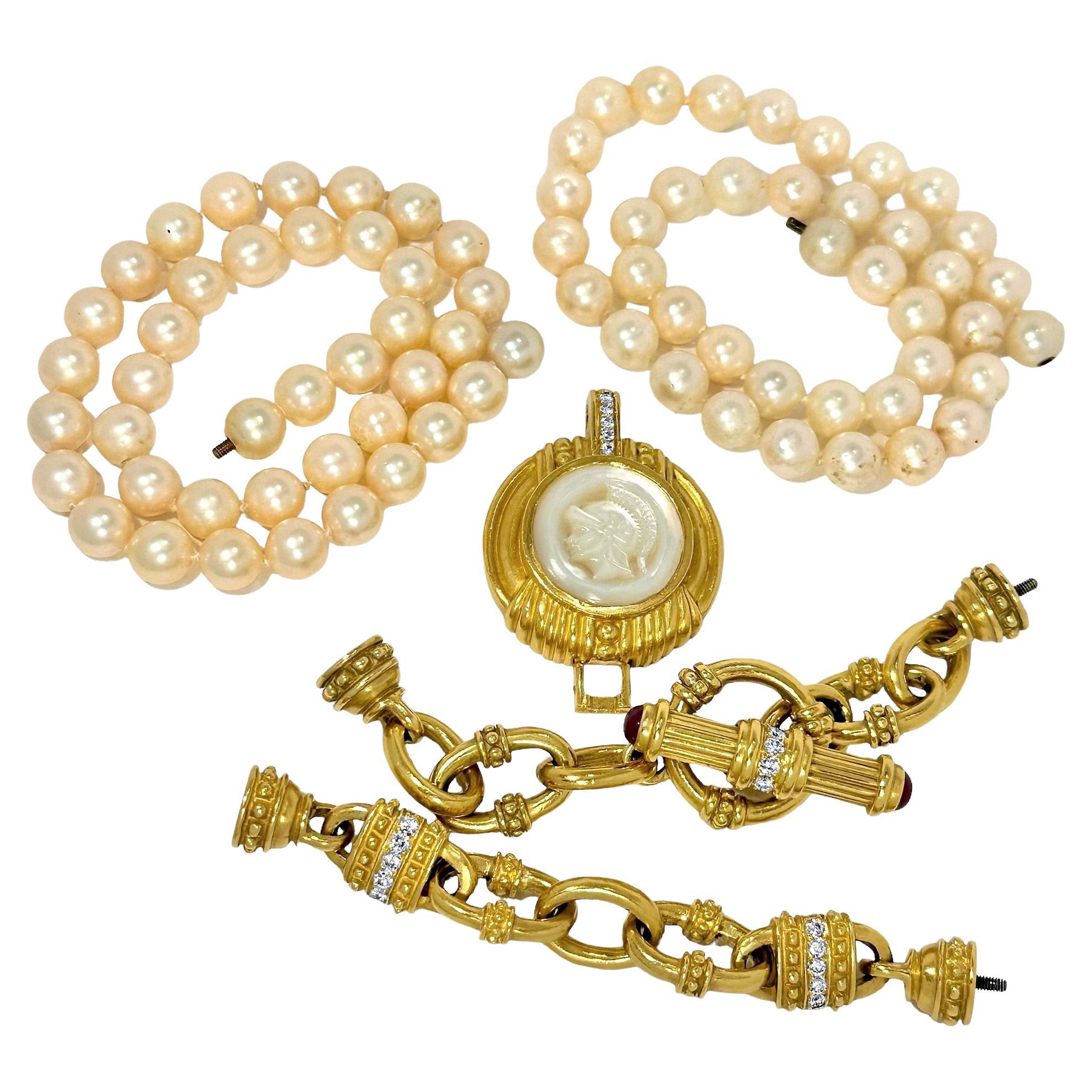 Neoclassical Judith Ripka 18k Gold Classic Revival Pearl Necklace with Special Features For Sale