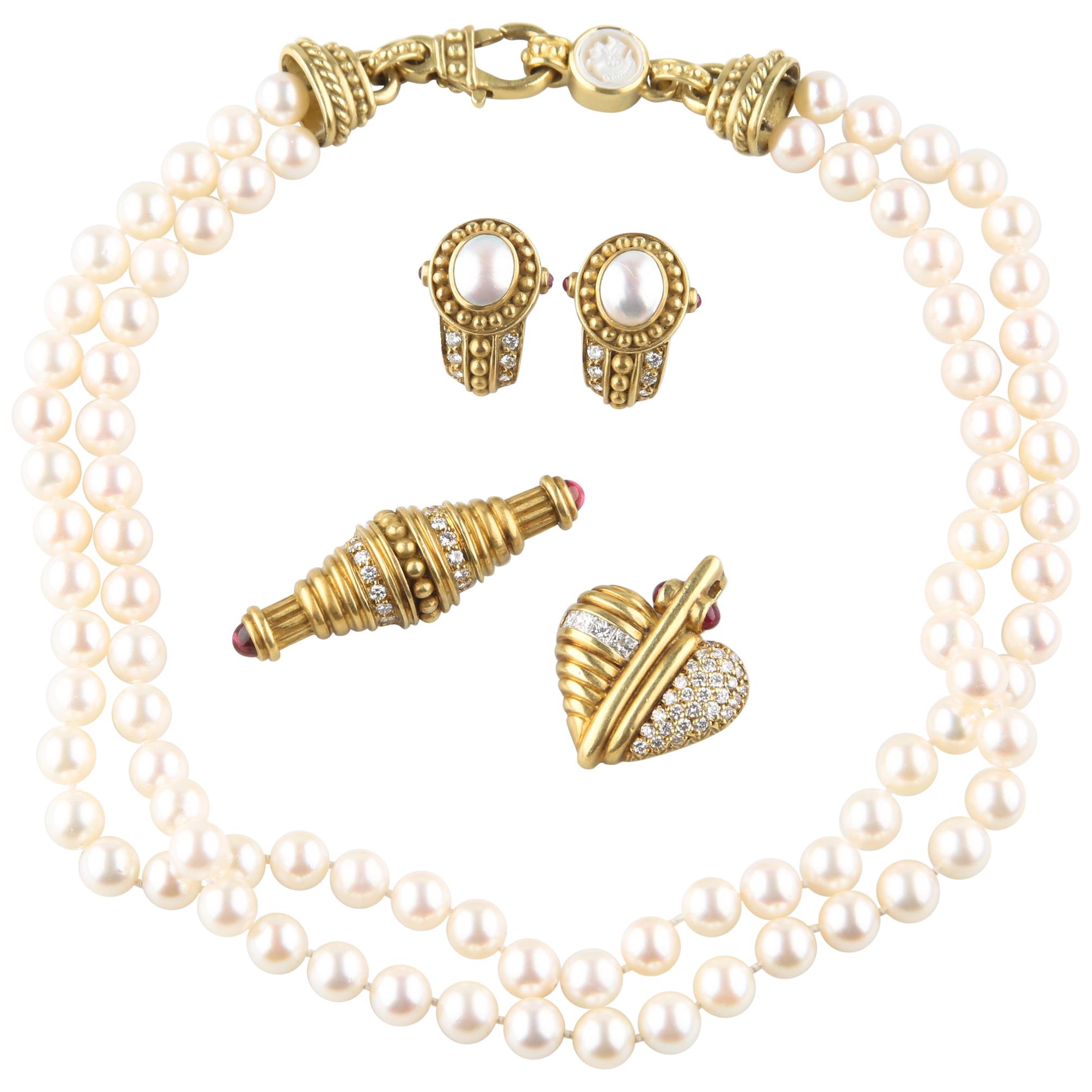 Judith Ripka 18k Gold Diamant Perlen Schmuck Set Halskette Ohrringe Anhänger Brosche im Angebot