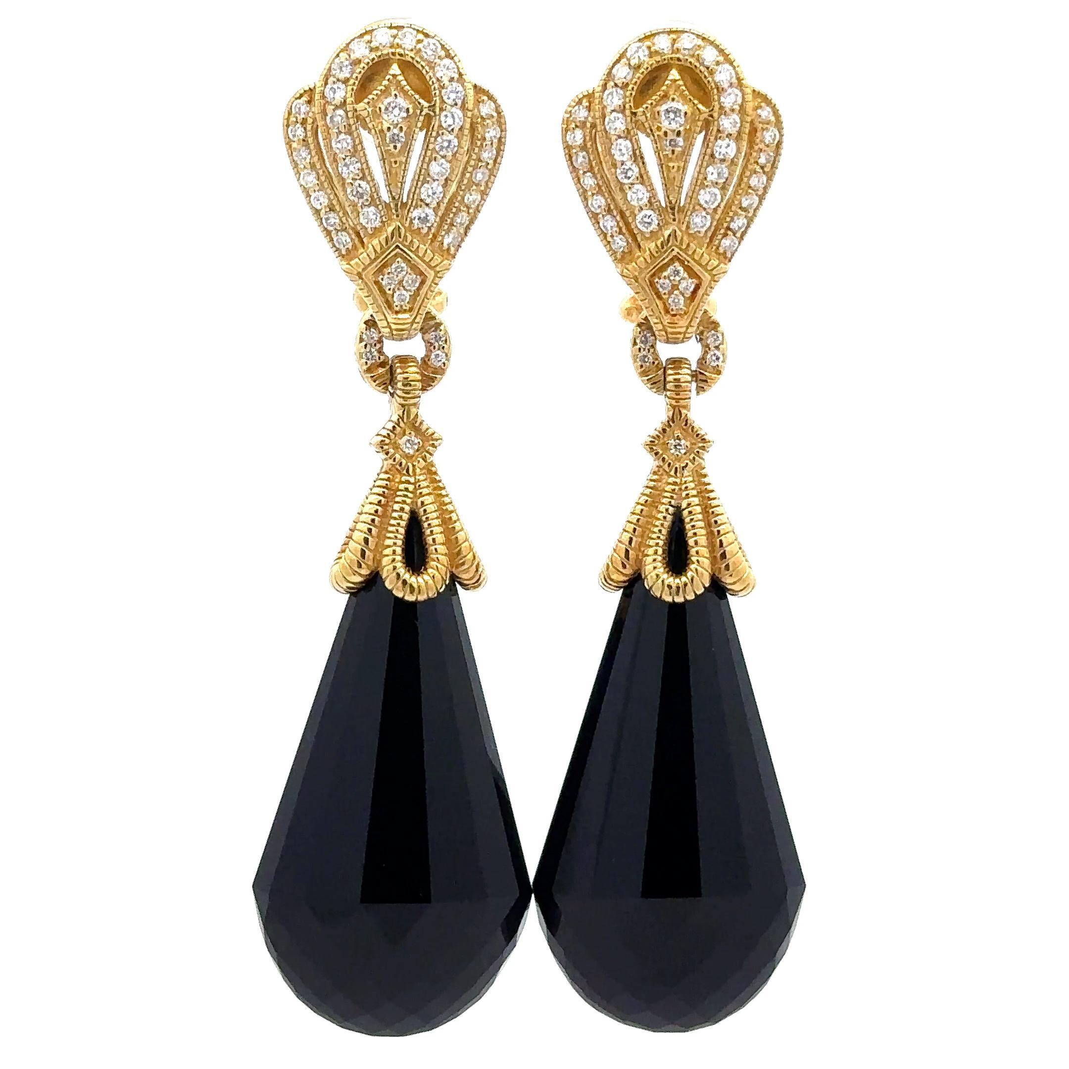 Brilliant Cut Judith Ripka 18k Gold Large Faceted Teardrop Black Stones w/ Diamond Earrings