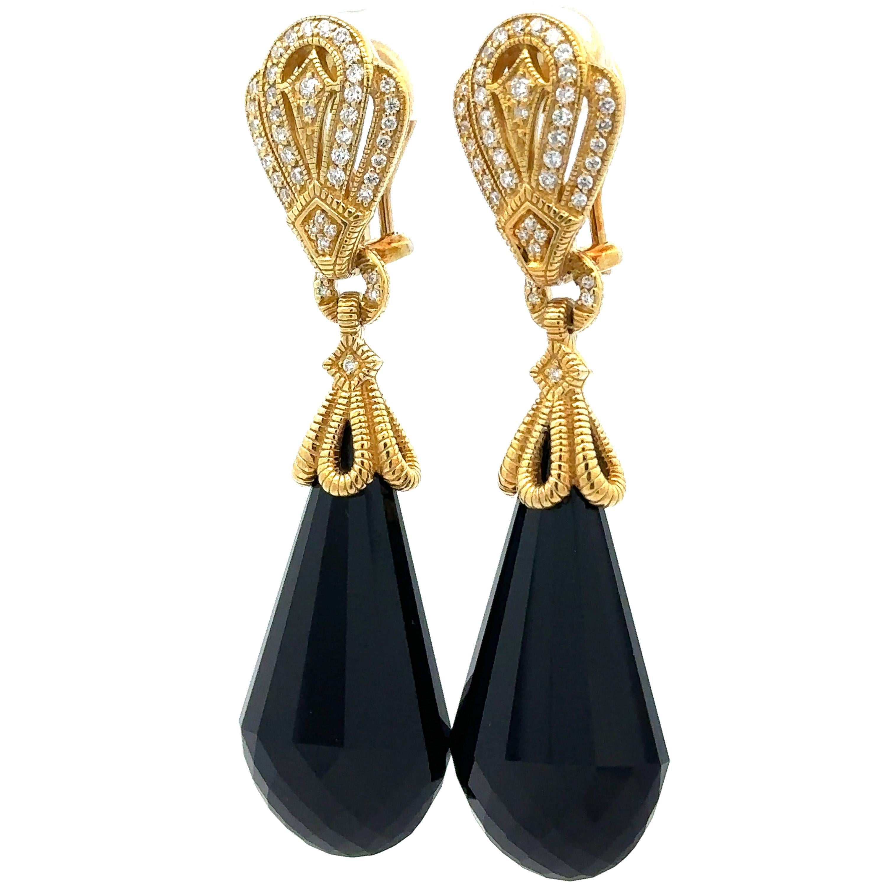 Judith Ripka 18k Gold Large Faceted Teardrop Black Stones w/ Diamond Earrings In Excellent Condition In Montclair, NJ