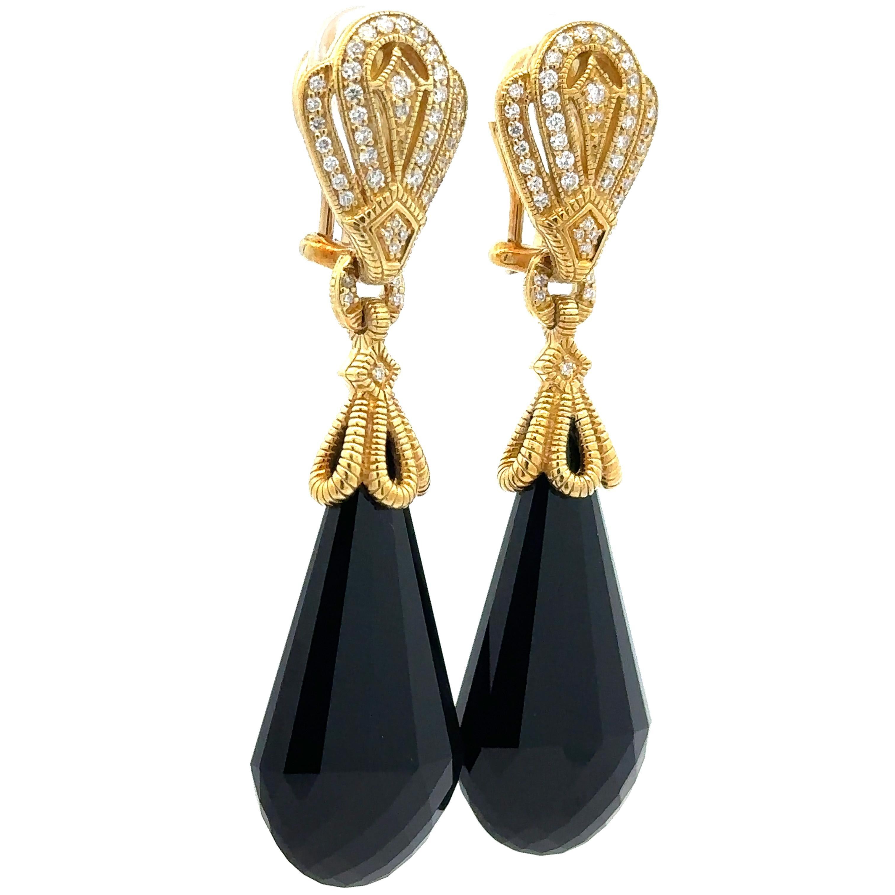 Women's Judith Ripka 18k Gold Large Faceted Teardrop Black Stones w/ Diamond Earrings