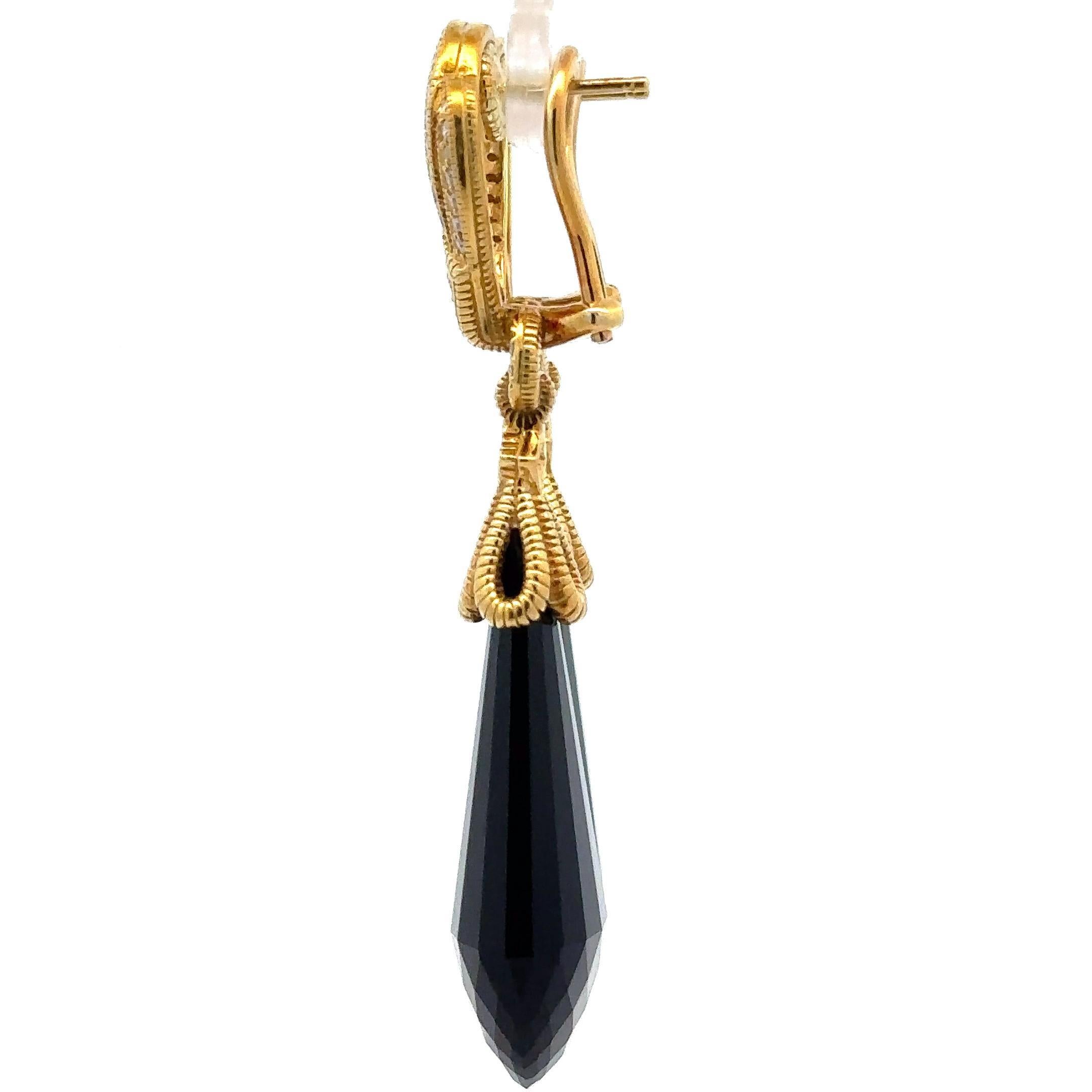 Judith Ripka 18k Gold Large Faceted Teardrop Black Stones w/ Diamond Earrings 1