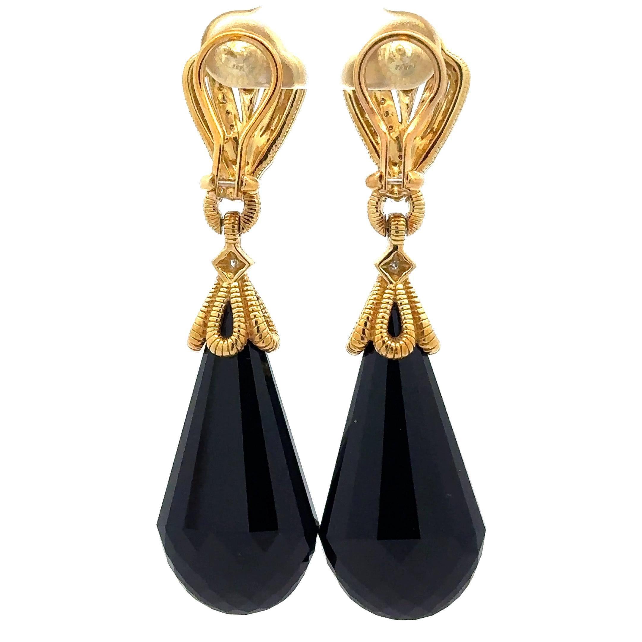 Judith Ripka 18k Gold Large Faceted Teardrop Black Stones w/ Diamond Earrings 2