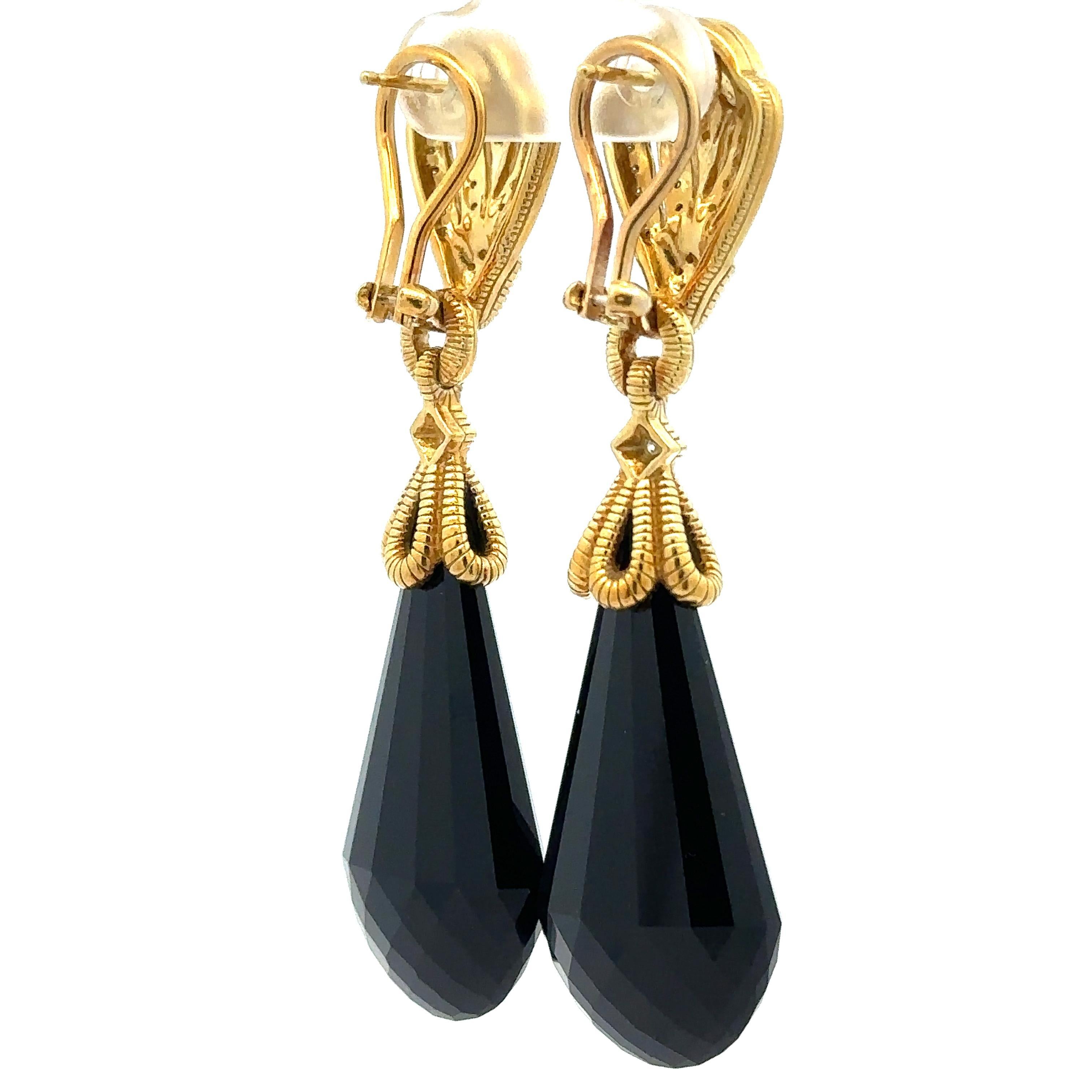 Judith Ripka 18k Gold Large Faceted Teardrop Black Stones w/ Diamond Earrings 4