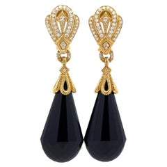 Judith Ripka 18k Gold Large Faceted Teardrop Black Stones w/ Diamond Earrings