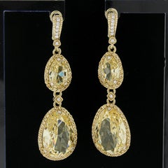Judith Ripka 18k Gold Pear Yellow Crystal & Diamond Long Drop Dangle Earrings