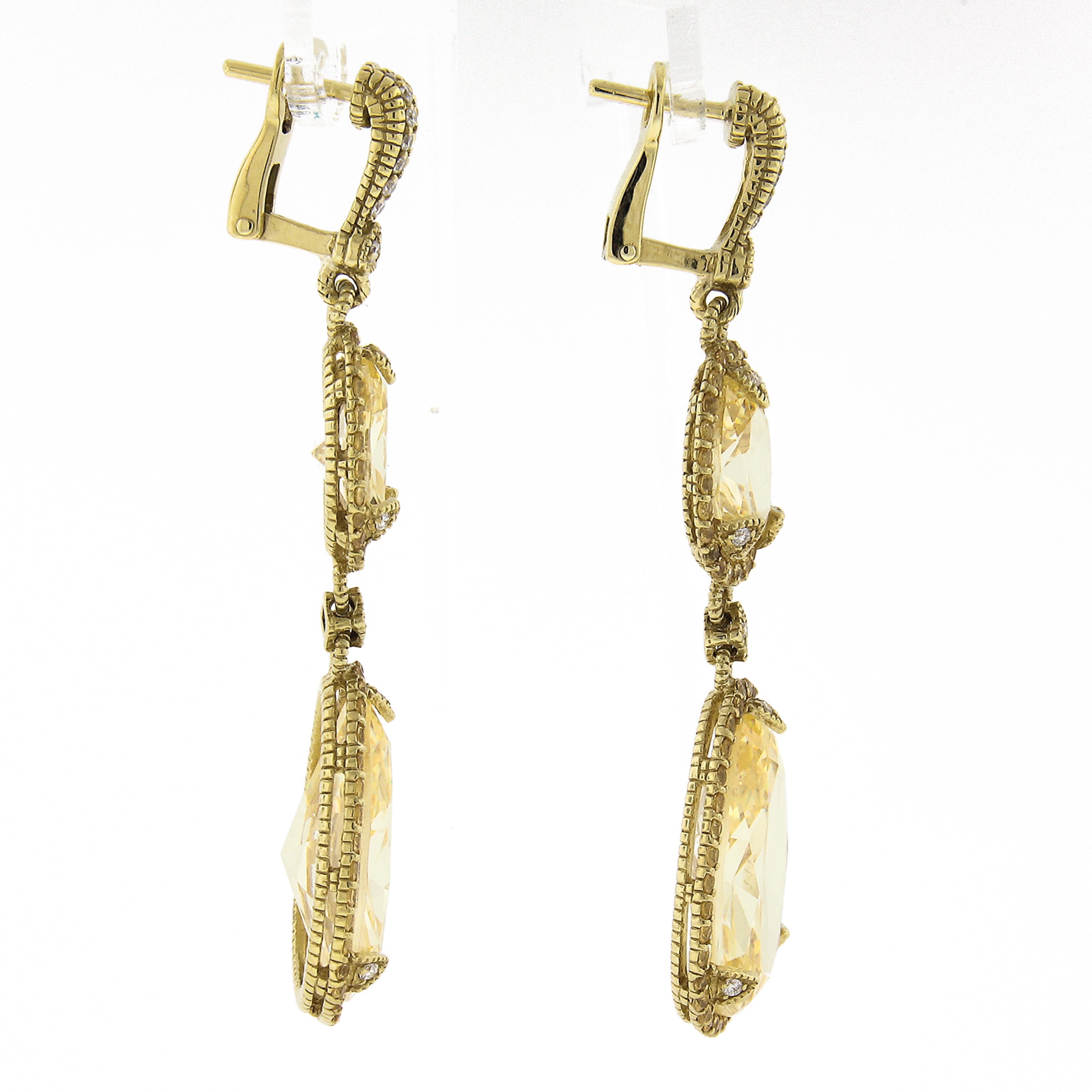 Judith Ripka 18k Gold Pear Yellow Crystal & Diamond Long Drop Dangle Earrings In Excellent Condition For Sale In Montclair, NJ