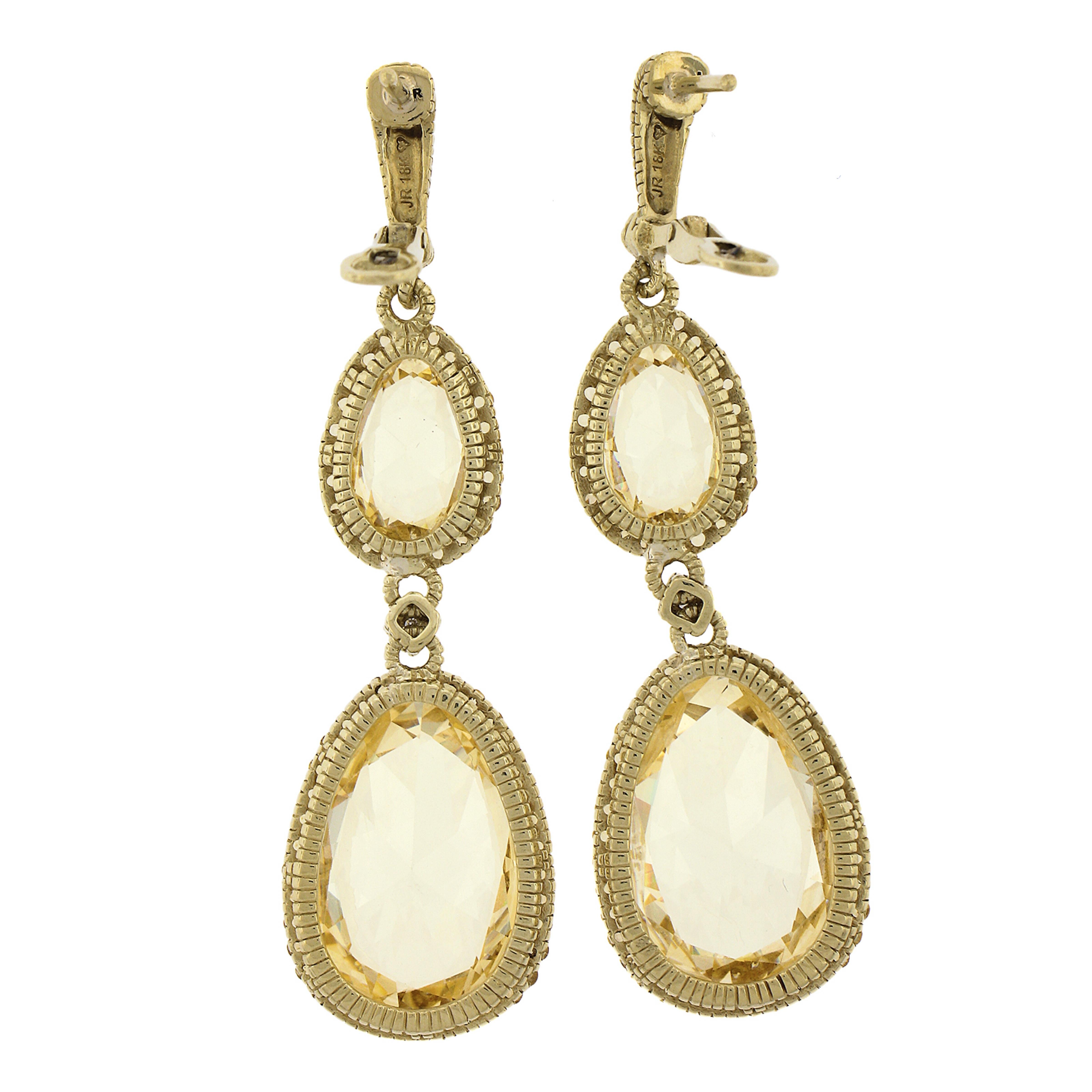 Judith Ripka 18k Gold Pear Yellow Crystal & Diamond Long Drop Dangle Earrings For Sale 1
