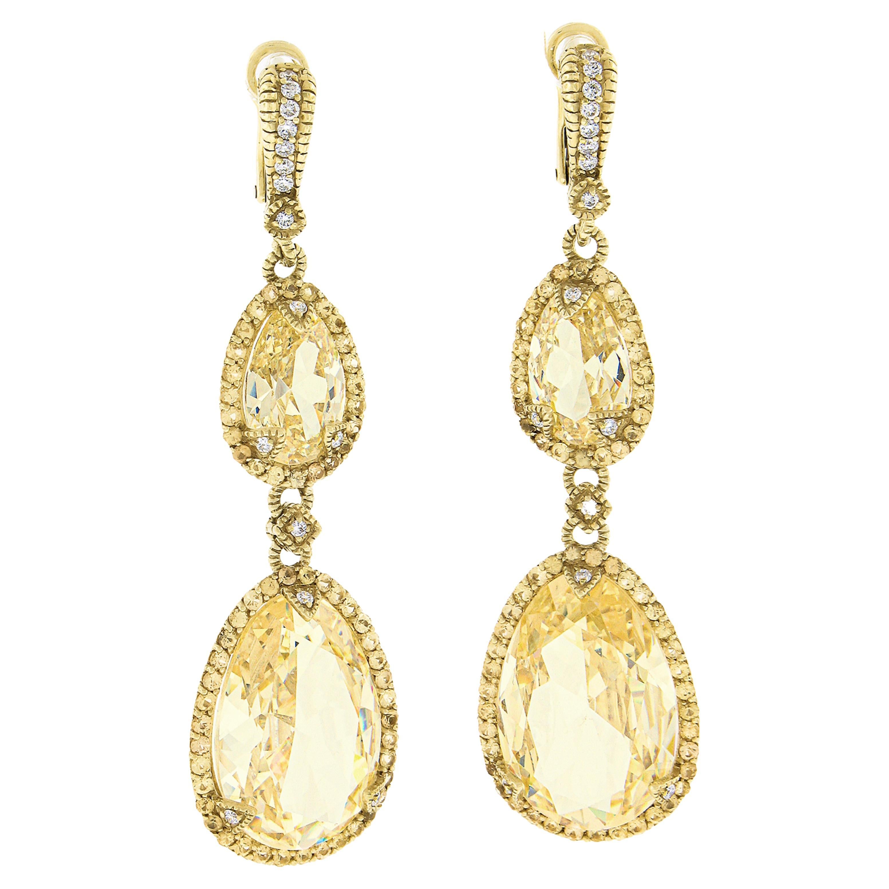 Judith Ripka 18k Gold Pear Yellow Crystal & Diamond Long Drop Dangle Earrings For Sale