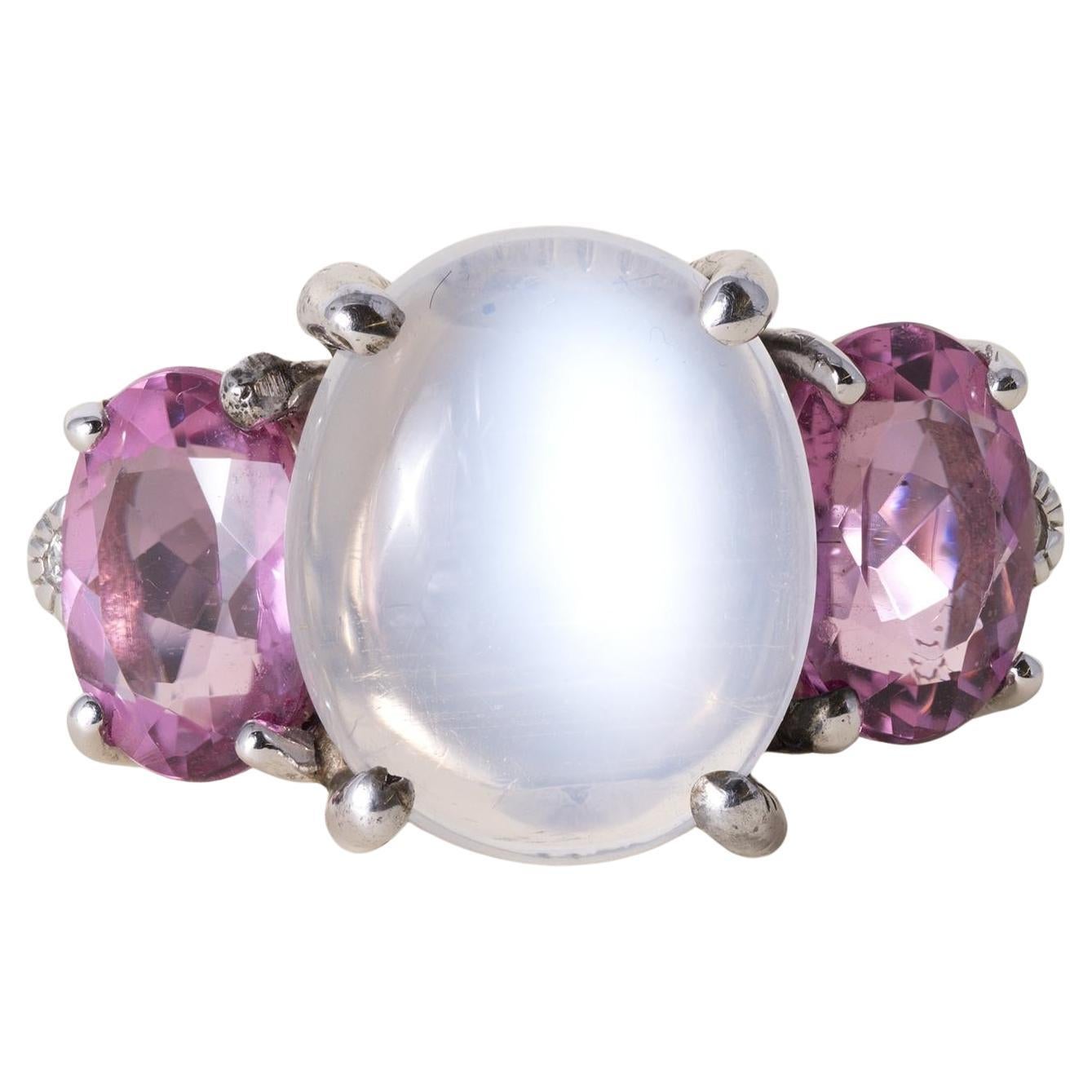 Judith Ripka 18K WG 5 carat Moonstone Pink Tourmaline Diamond Ring