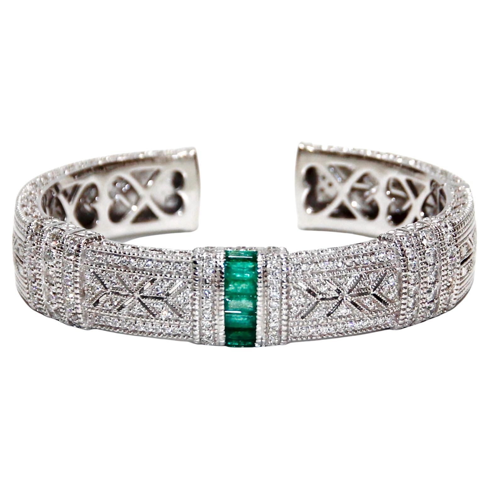 Judith Ripka 18K White God, Diamond and Emerald Bracelet  For Sale