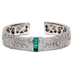 Judith Ripka 18K White God, Diamond and Emerald Bracelet 