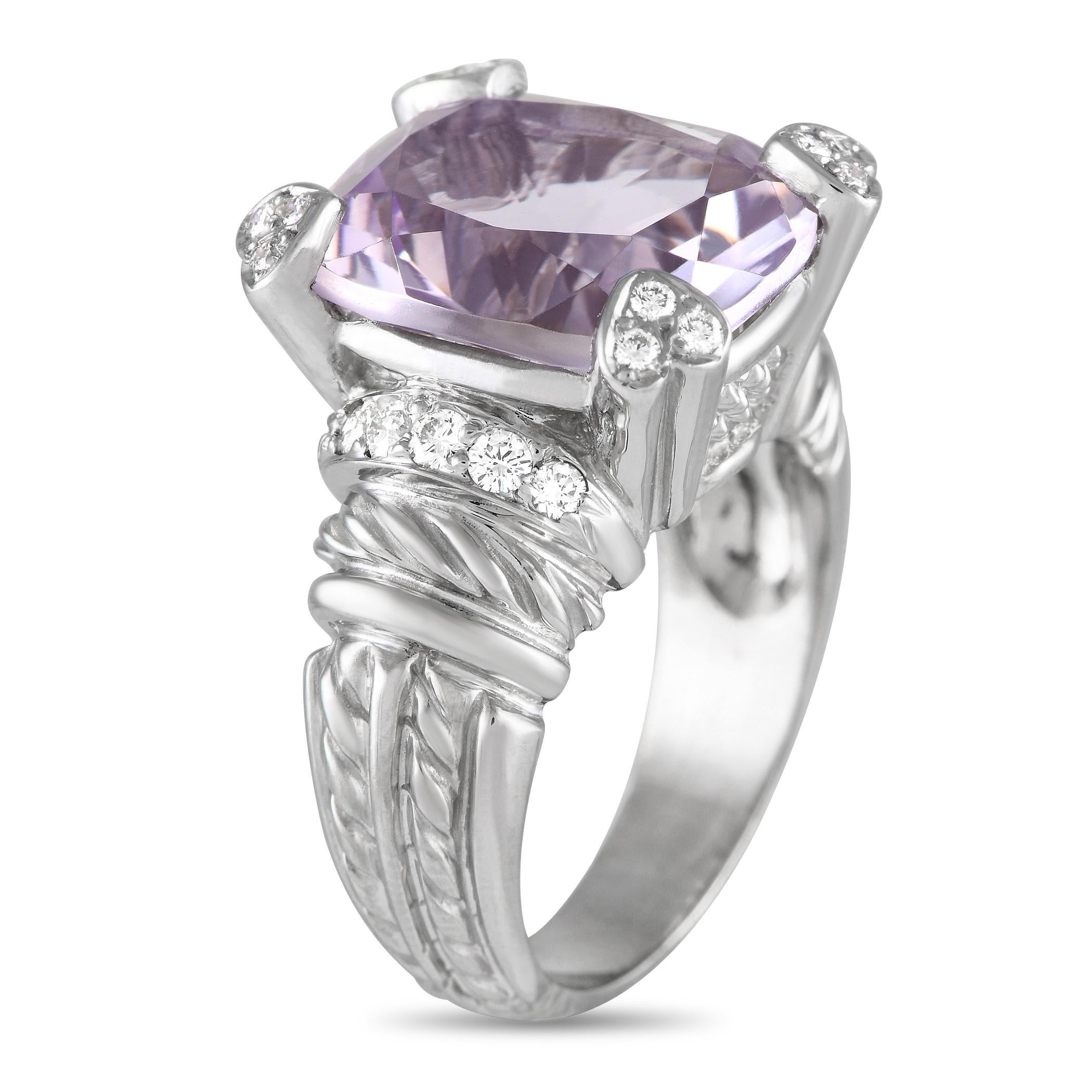 An intricate 18K White Gold setting provides the perfect foundation for this elegant Judith Ripka ring. A captivating Pink Quartz gemstone center stone adds an exciting pop of color to this classic accessory, while sparkling diamonds totaling 0.25