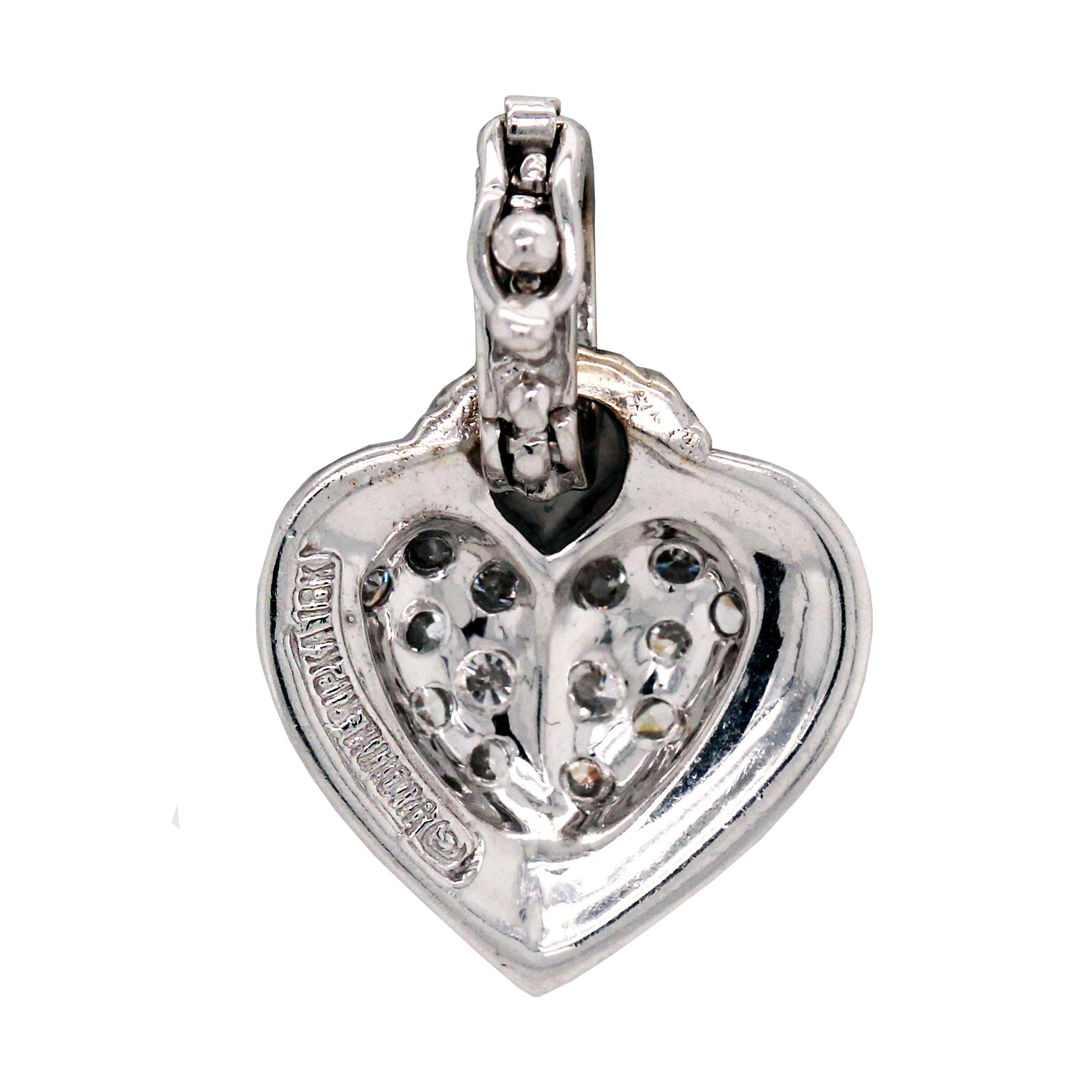 Round Cut Judith Ripka 18 Karat White Gold and Diamond Heart Pendant with Handmade Chain