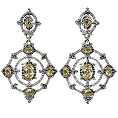 Judith Ripka 18K White Gold Duster Earrings with Diamonds & Citrines 2 3/8 Inch