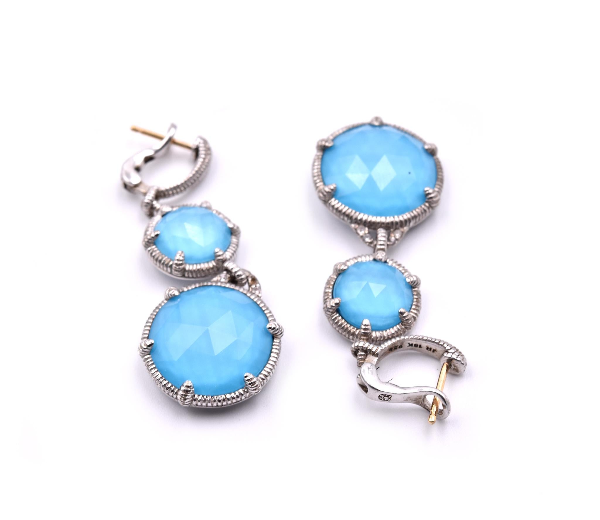 Judith Ripka 18 Karat Yellow and White Gold Turquoise Rock Candy Drop Earrings In Excellent Condition In Scottsdale, AZ