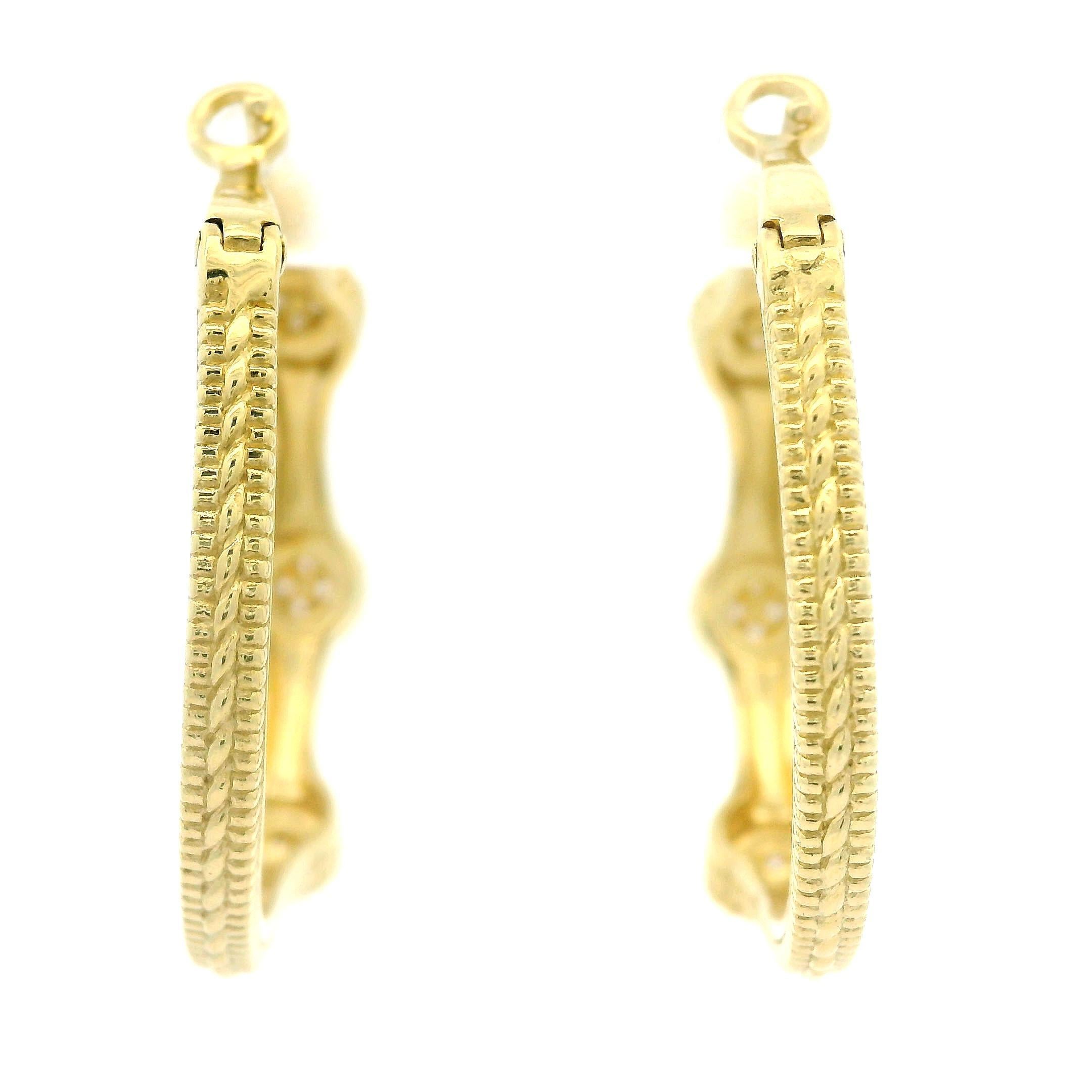 --Stone(s):--
(24) Natural Genuine Diamonds - Round Brilliant Cut - Pave Set - VS1/VS2 Color -F/G Color
Total Carat Weight: 0.24 (approx.)

Material: Solid 18k Yellow Gold 
Weight: 7 Grams
Backing: Posts w/ Snap Closures (Pierced ears are