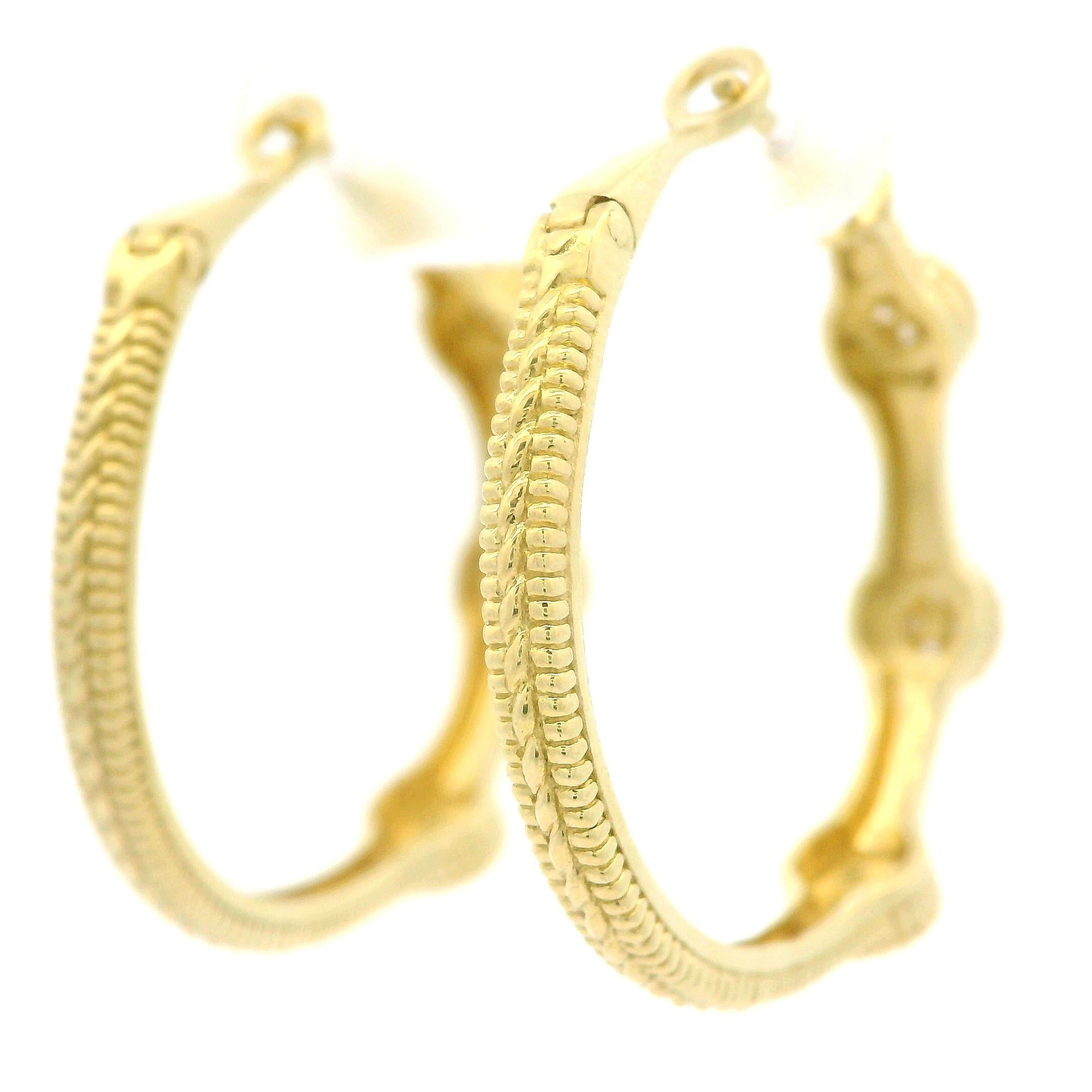 Round Cut Judith Ripka 18k Yellow Gold 0.24ctw Pave Diamond Textured Hoop Earrings